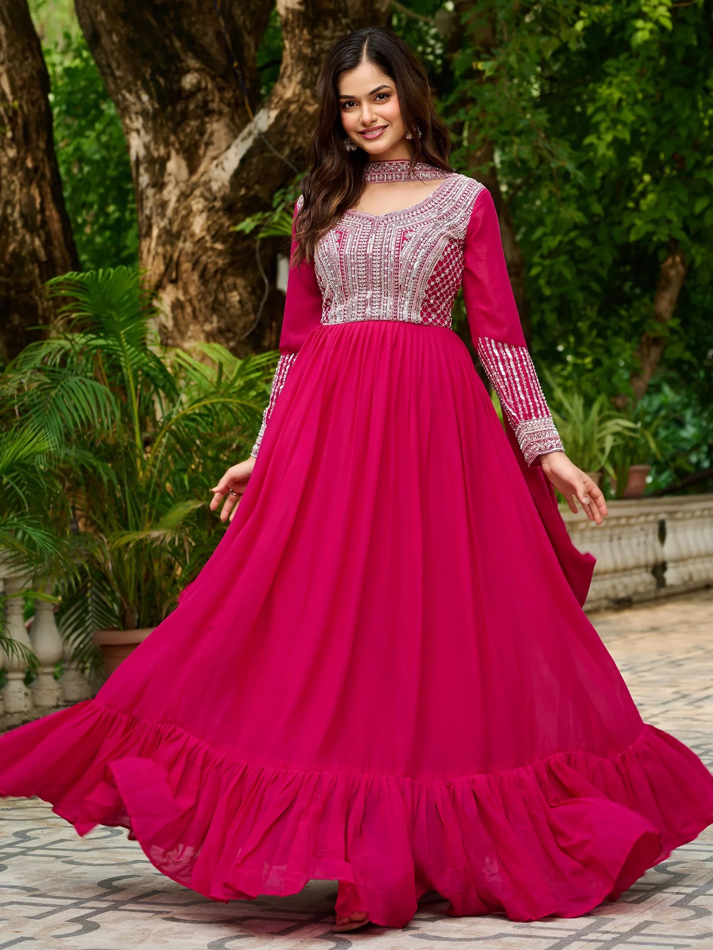 Pink Amazing Georgette Beads Work Gown With Dupatta