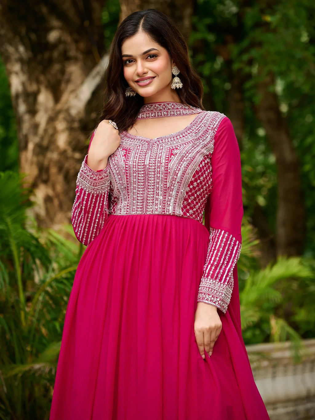 Pink Amazing Georgette Beads Work Gown With Dupatta
