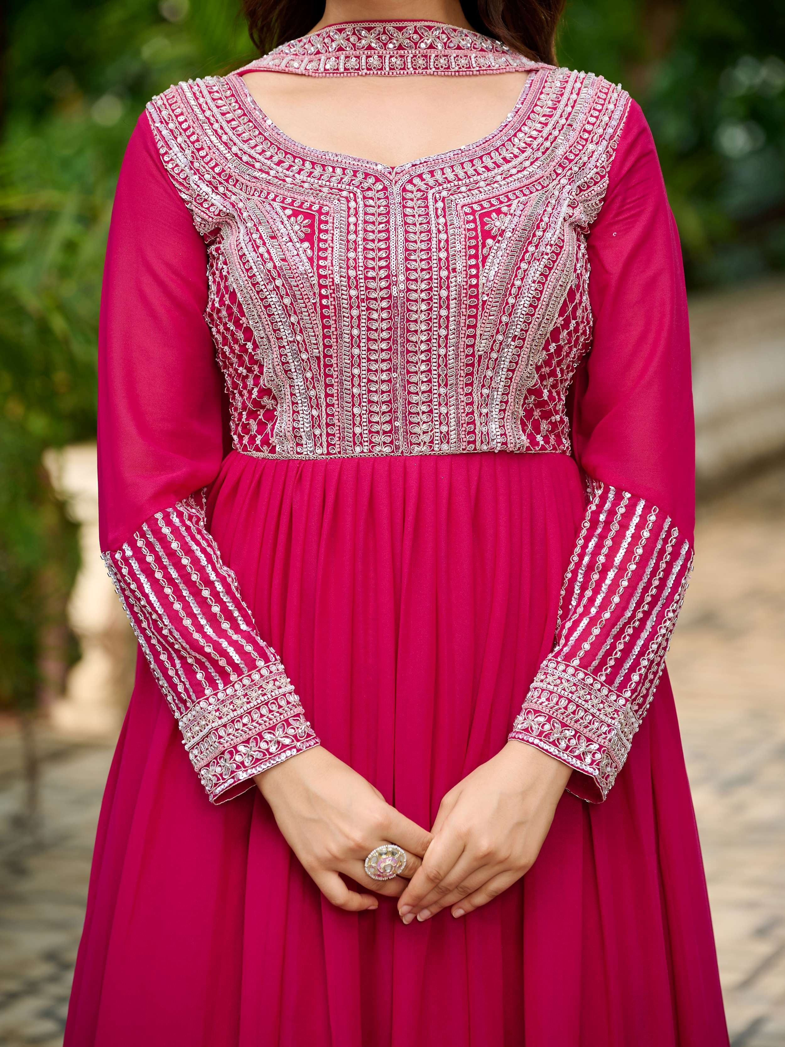 Pink Amazing Georgette Beads Work Gown With Dupatta