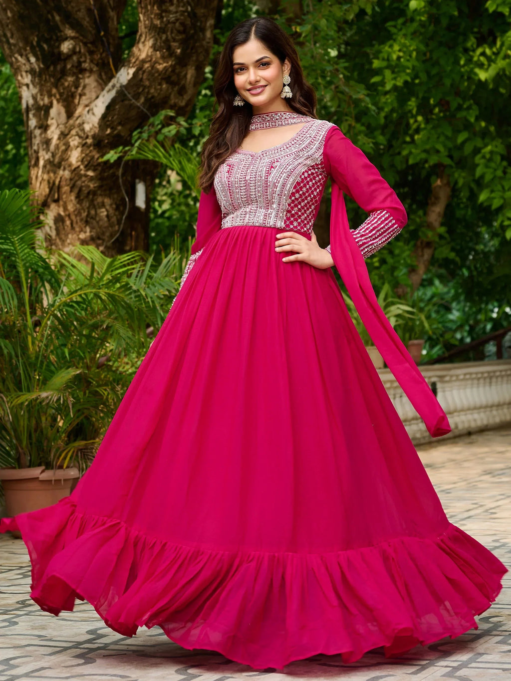 Pink Amazing Georgette Beads Work Gown With Dupatta
