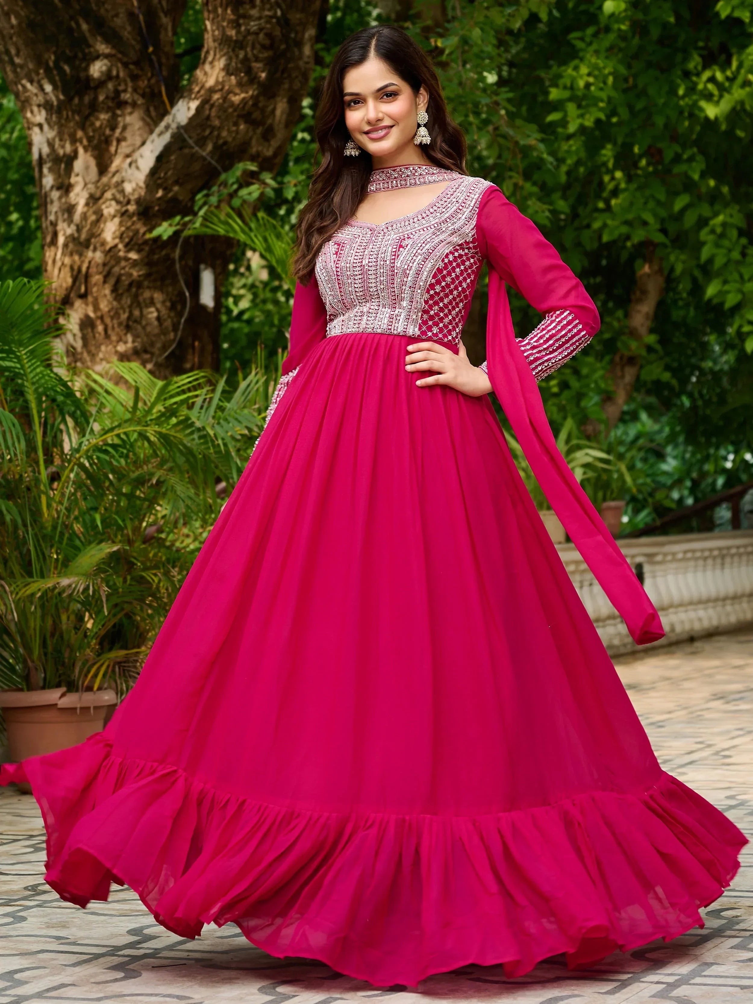 Pink Amazing Georgette Beads Work Gown With Dupatta