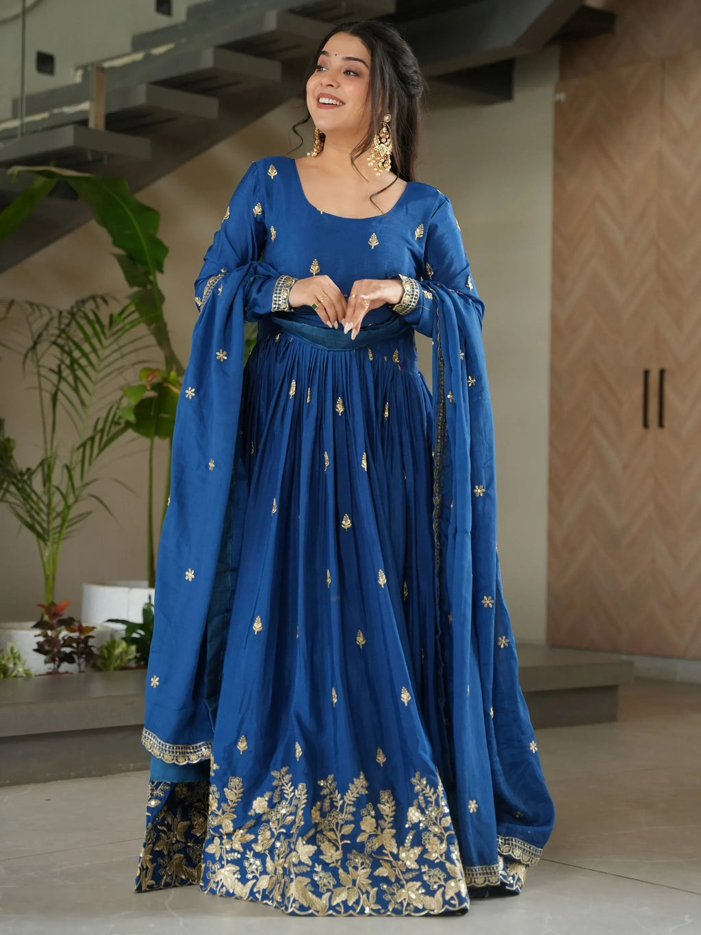 Blue Awesome Chinon Floral Embroidery Festival Wear Gown With Dupatta