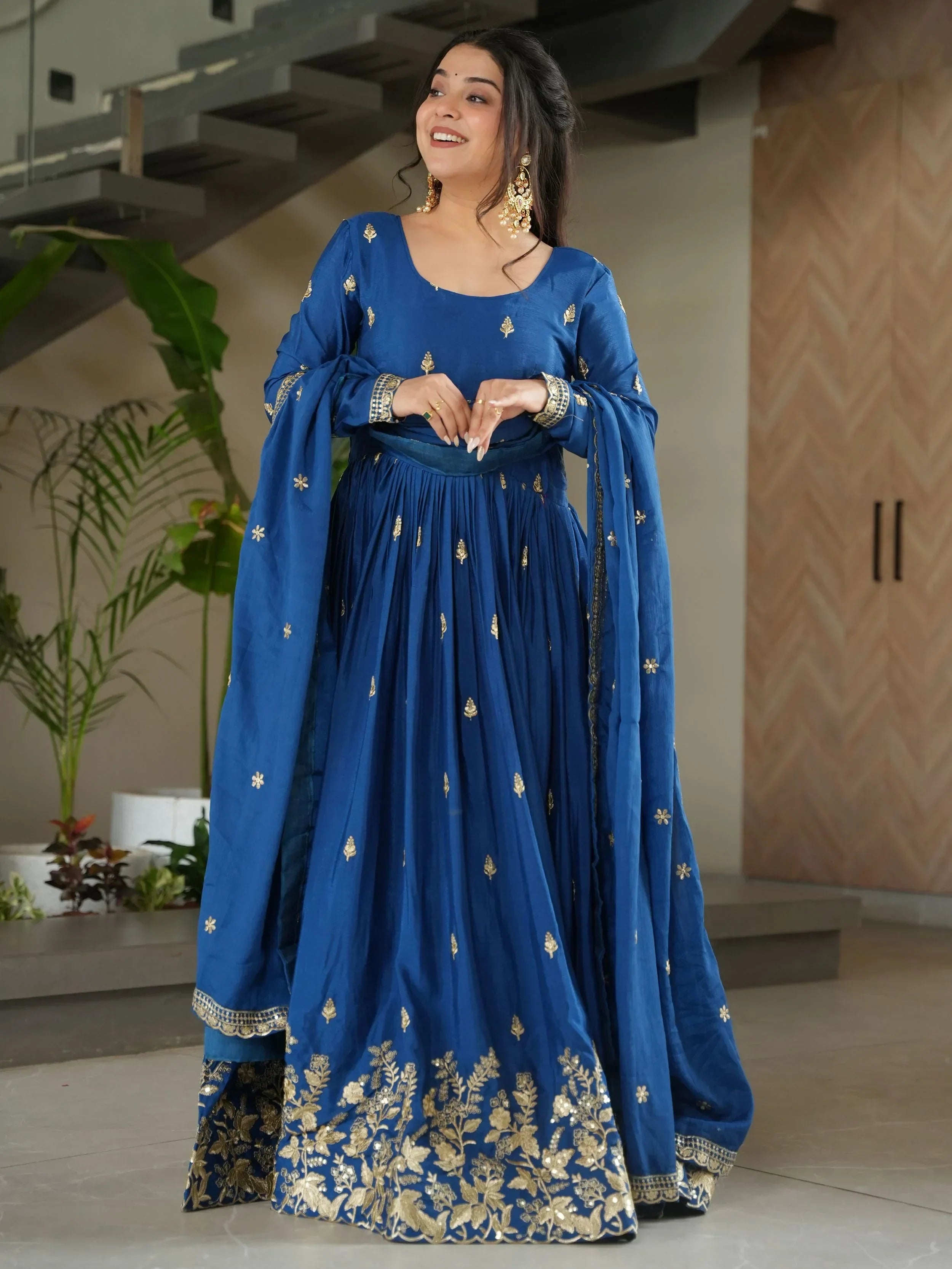 Blue Awesome Chinon Floral Embroidery Festival Wear Gown With Dupatta
