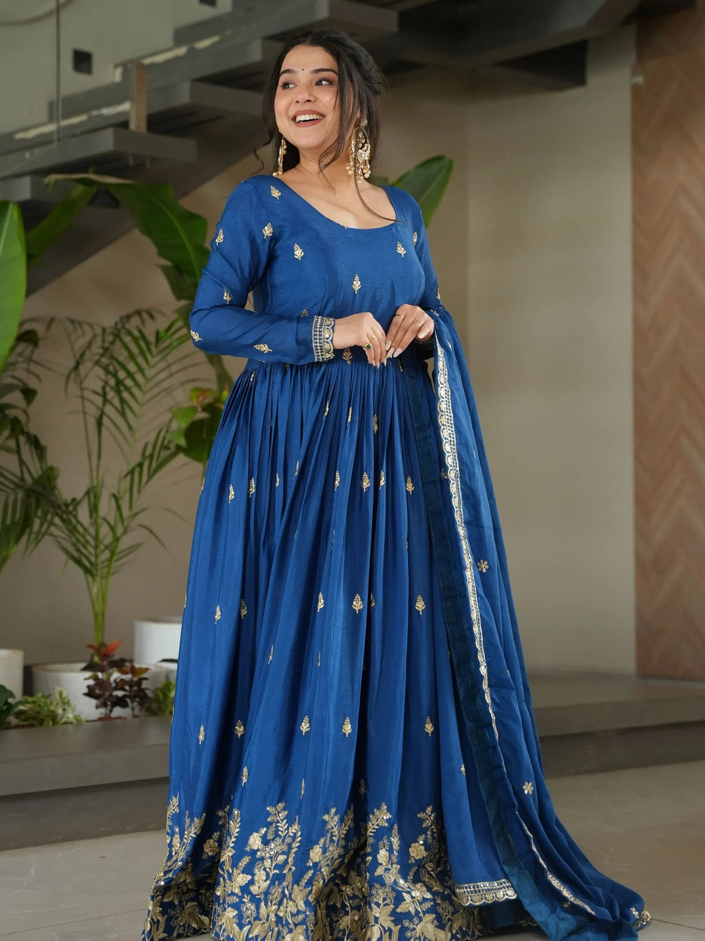 Blue Awesome Chinon Floral Embroidery Festival Wear Gown With Dupatta