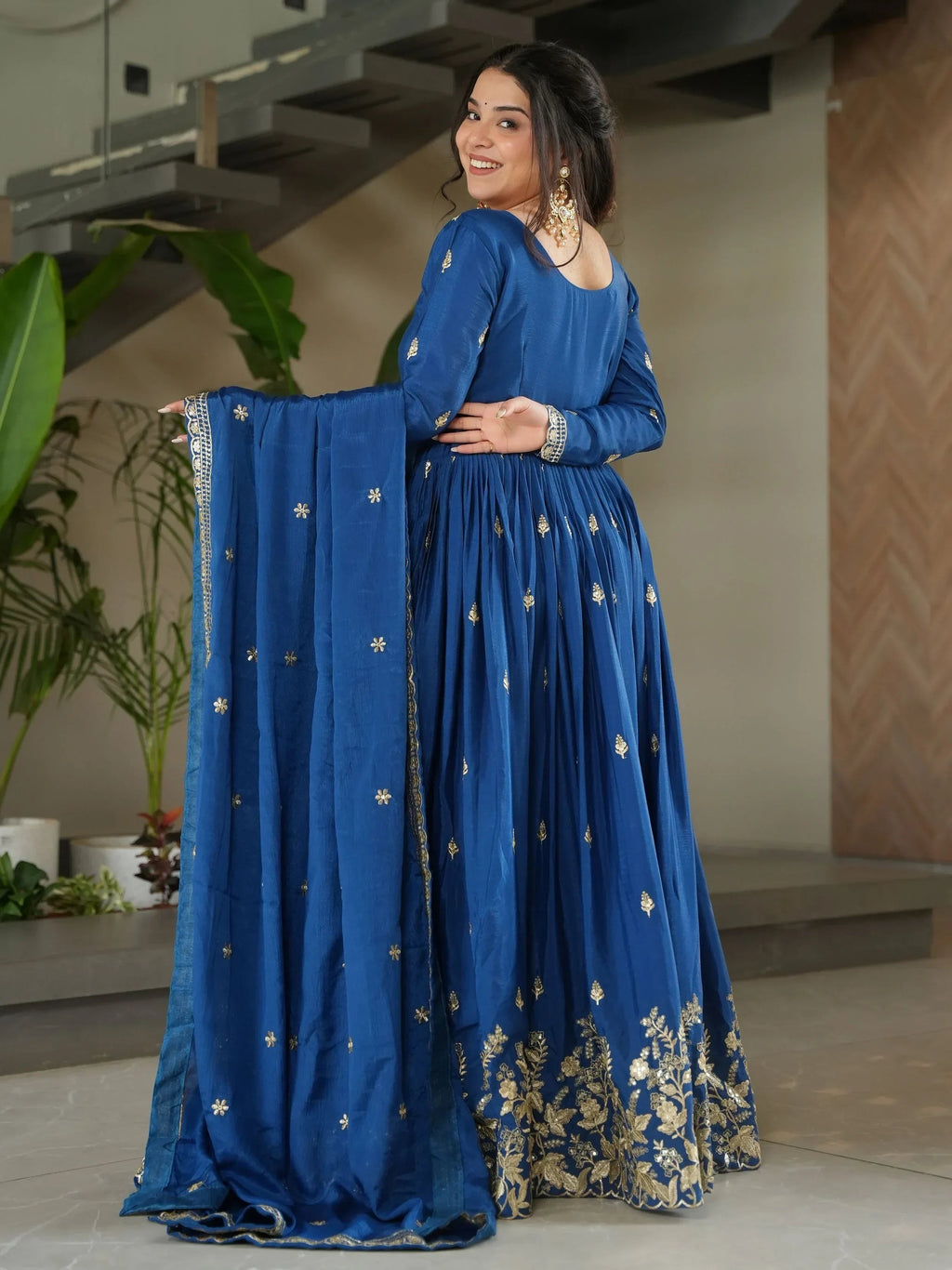 Blue Awesome Chinon Floral Embroidery Festival Wear Gown With Dupatta