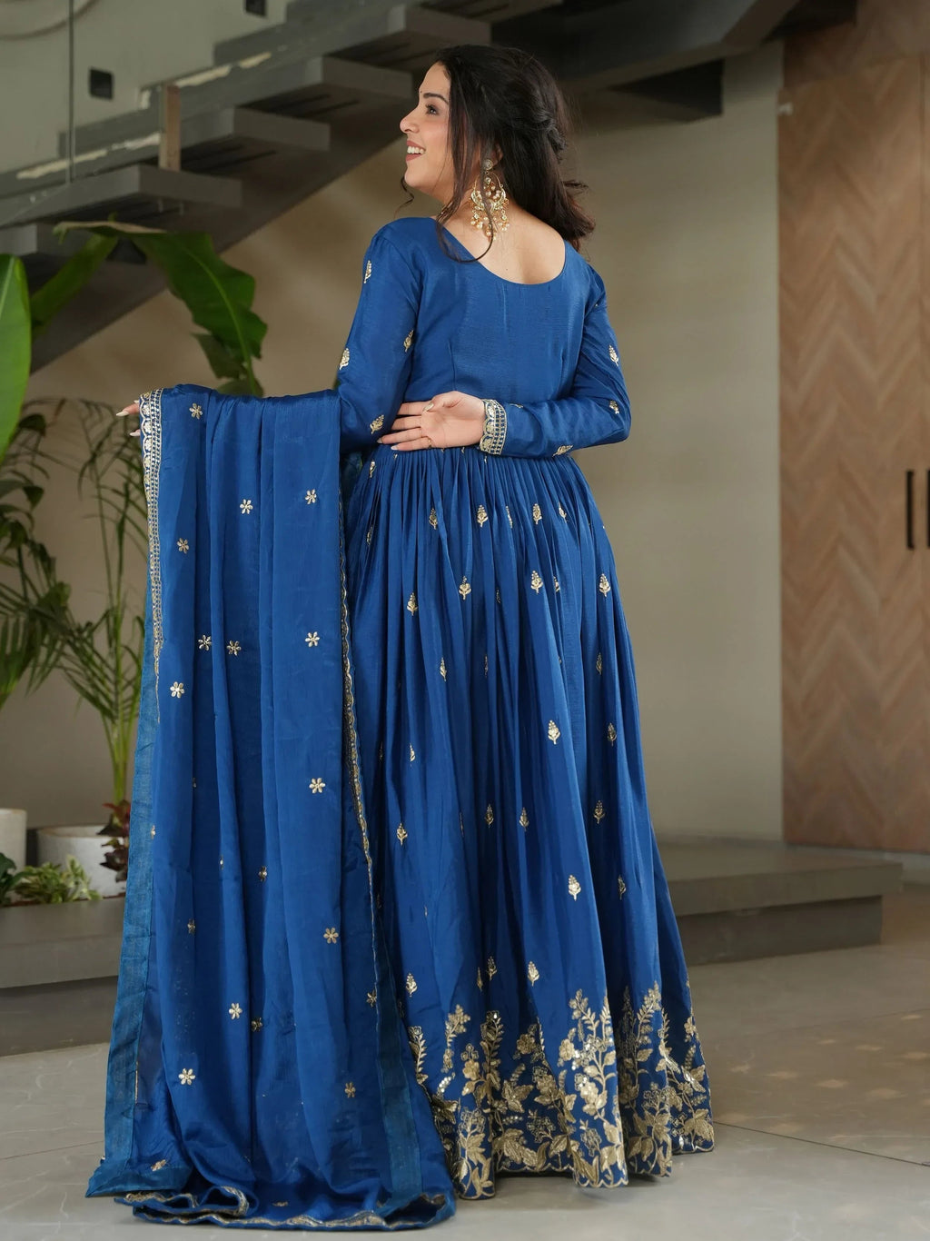 Blue Awesome Chinon Floral Embroidery Festival Wear Gown With Dupatta