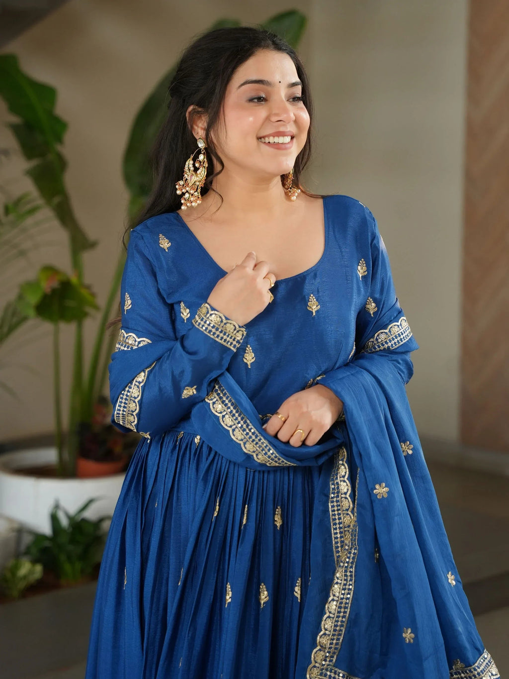 Blue Awesome Chinon Floral Embroidery Festival Wear Gown With Dupatta