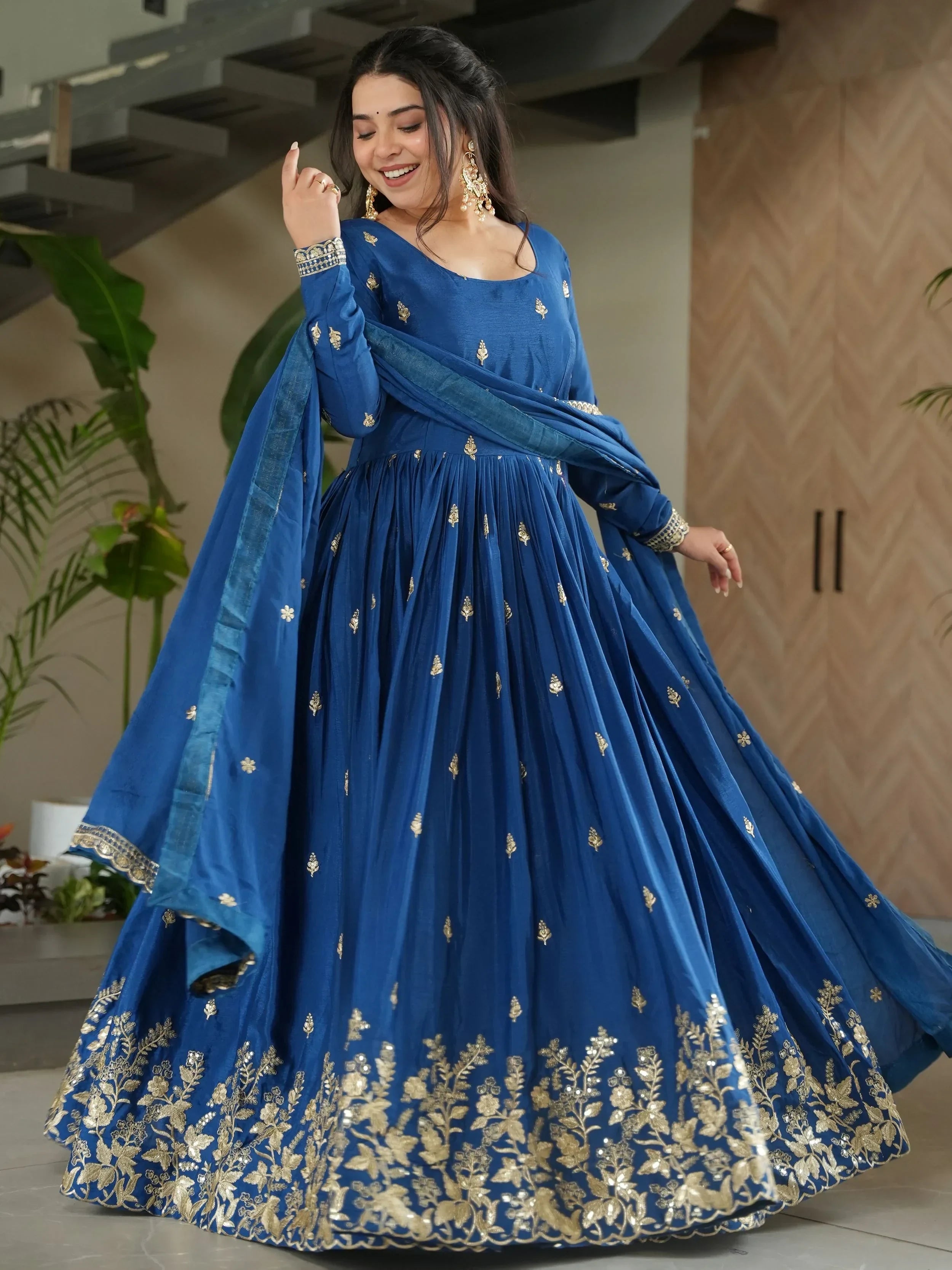 Blue Awesome Chinon Floral Embroidery Festival Wear Gown With Dupatta