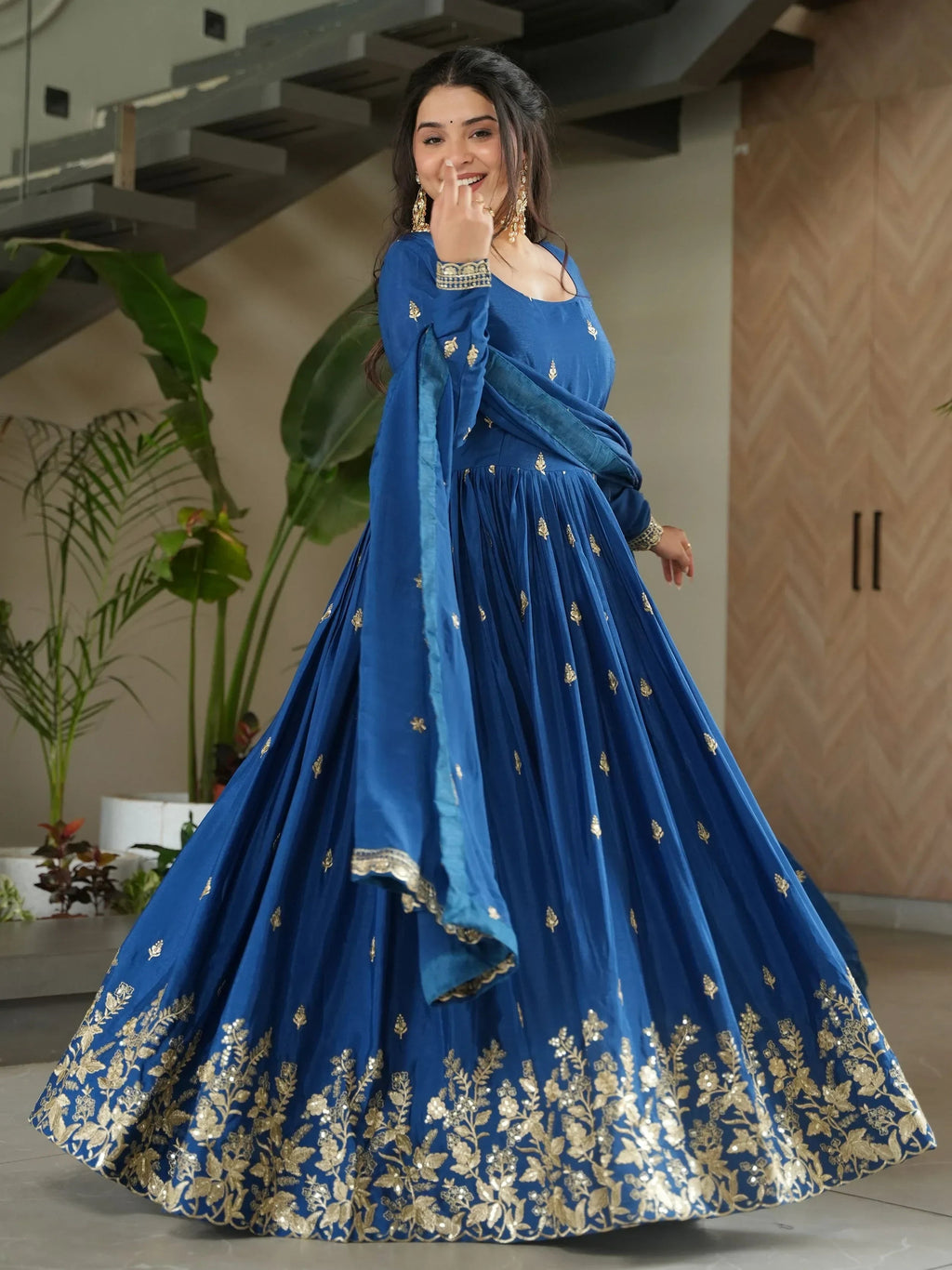 Blue Awesome Chinon Floral Embroidery Festival Wear Gown With Dupatta