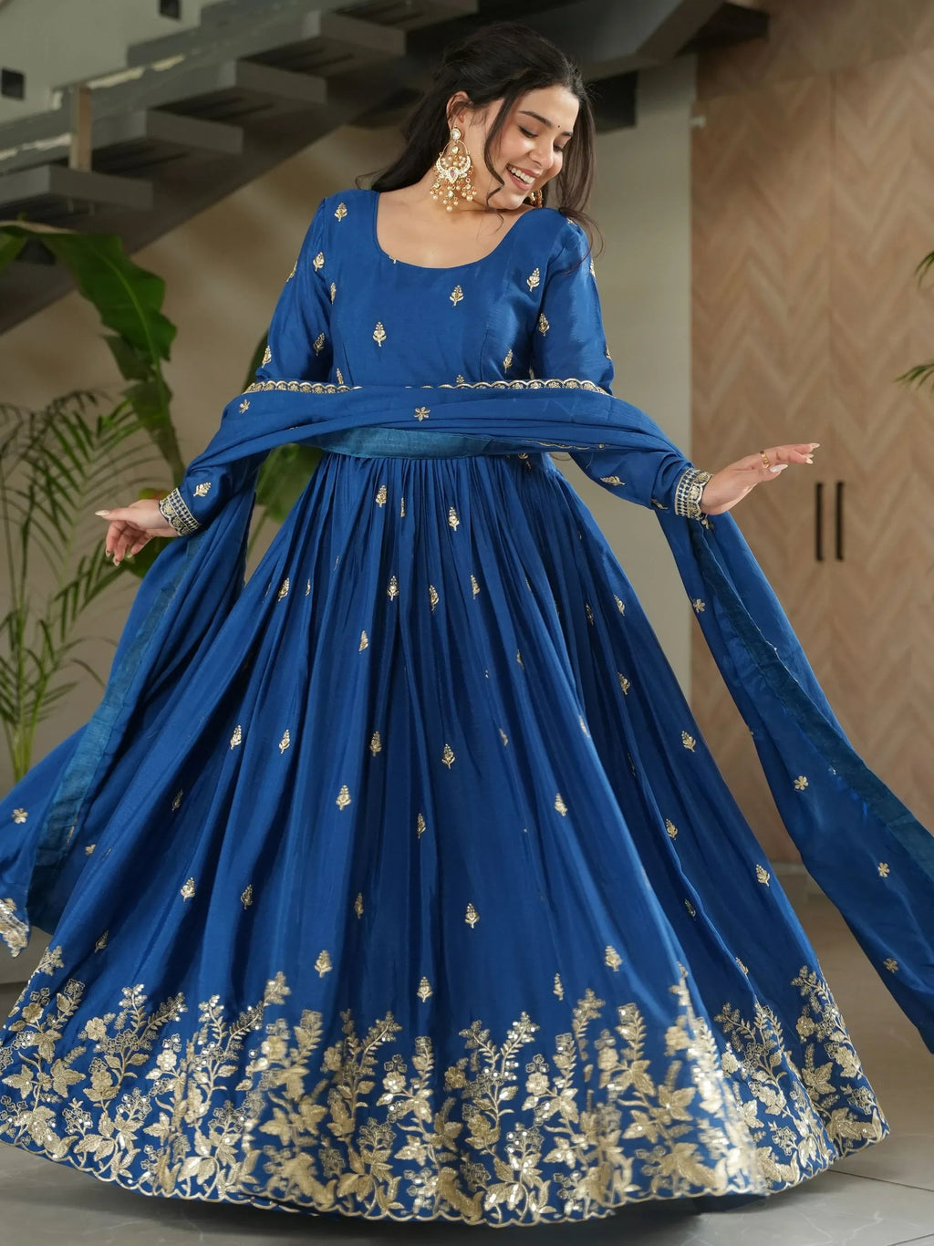 Blue Awesome Chinon Floral Embroidery Festival Wear Gown With Dupatta
