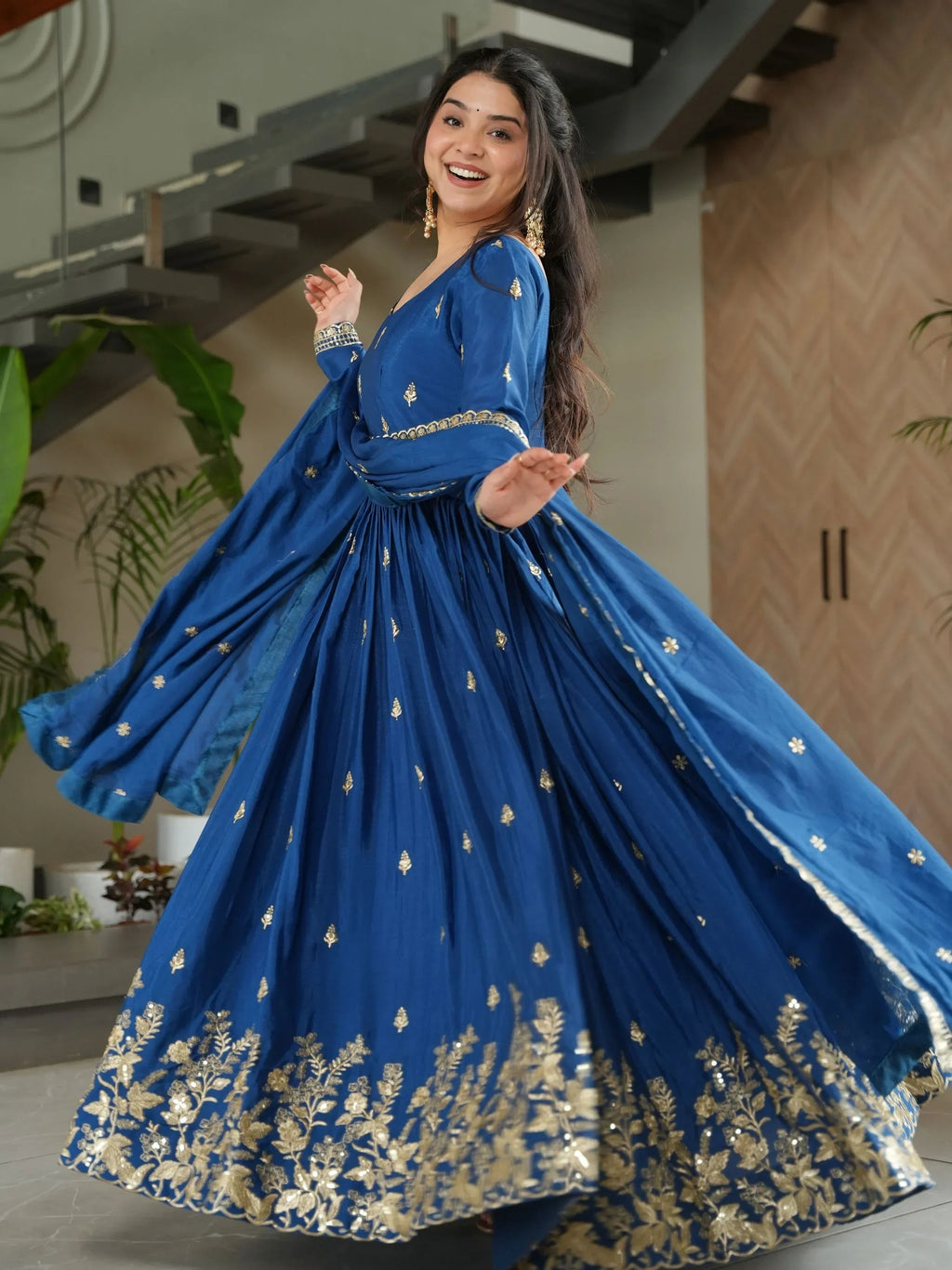 Blue Awesome Chinon Floral Embroidery Festival Wear Gown With Dupatta