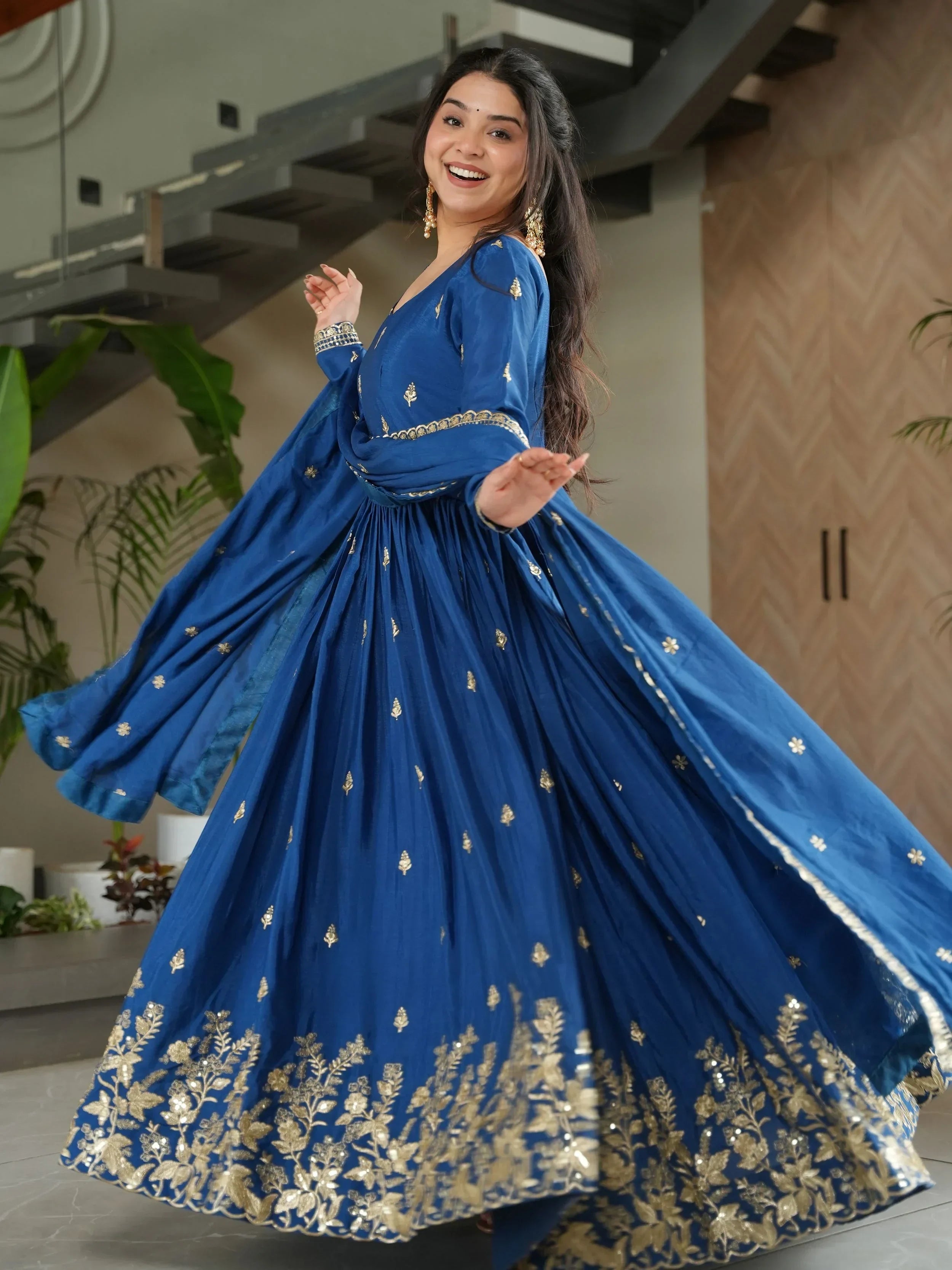 Blue Awesome Chinon Floral Embroidery Festival Wear Gown With Dupatta