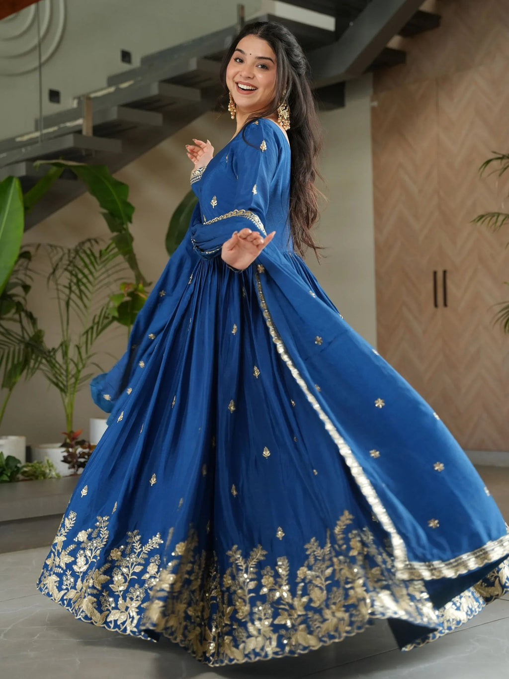 Blue Awesome Chinon Floral Embroidery Festival Wear Gown With Dupatta