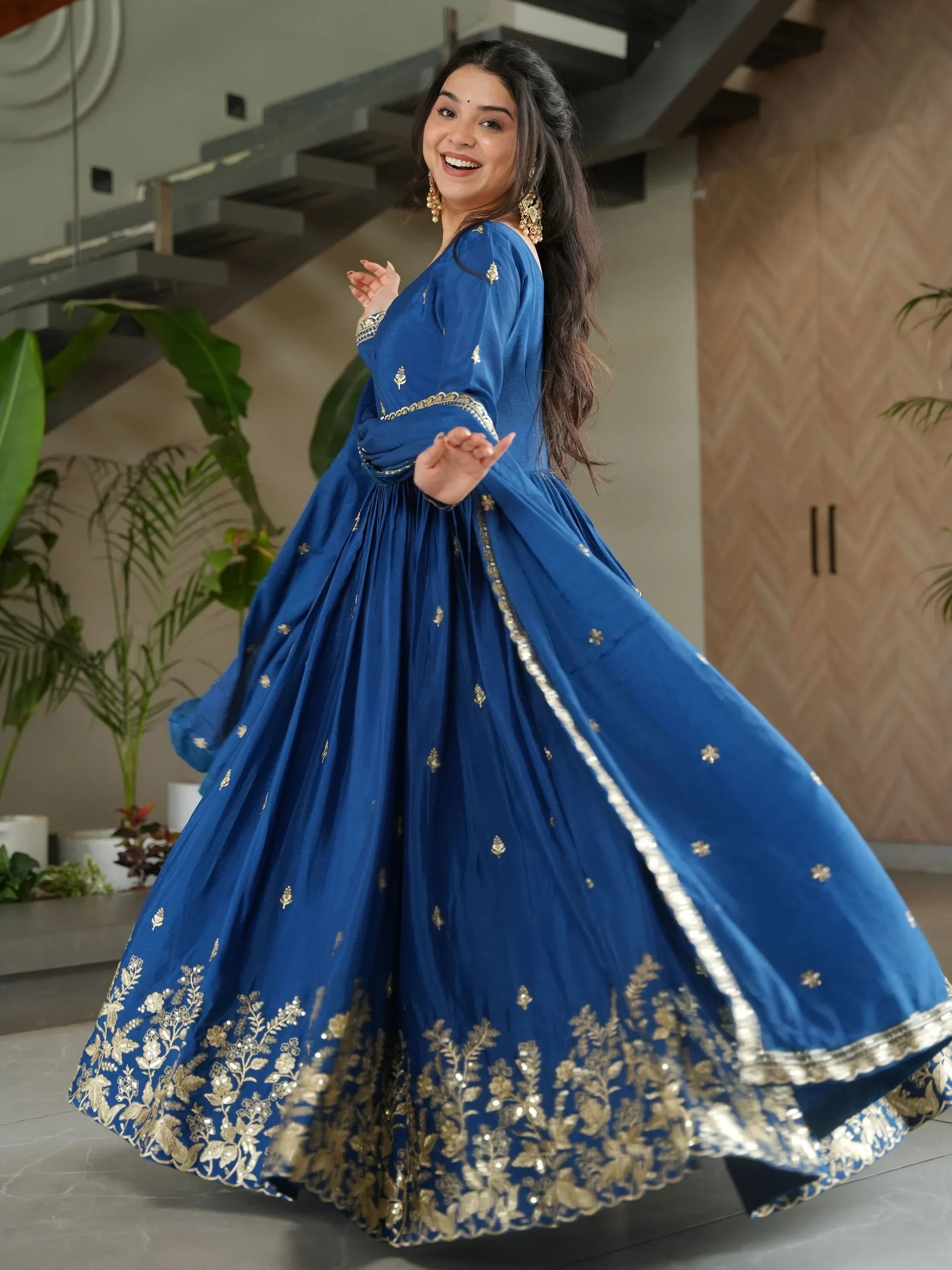 Blue Awesome Chinon Floral Embroidery Festival Wear Gown With Dupatta