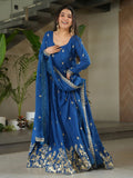 Blue Awesome Chinon Floral Embroidery Festival Wear Gown With Dupatta