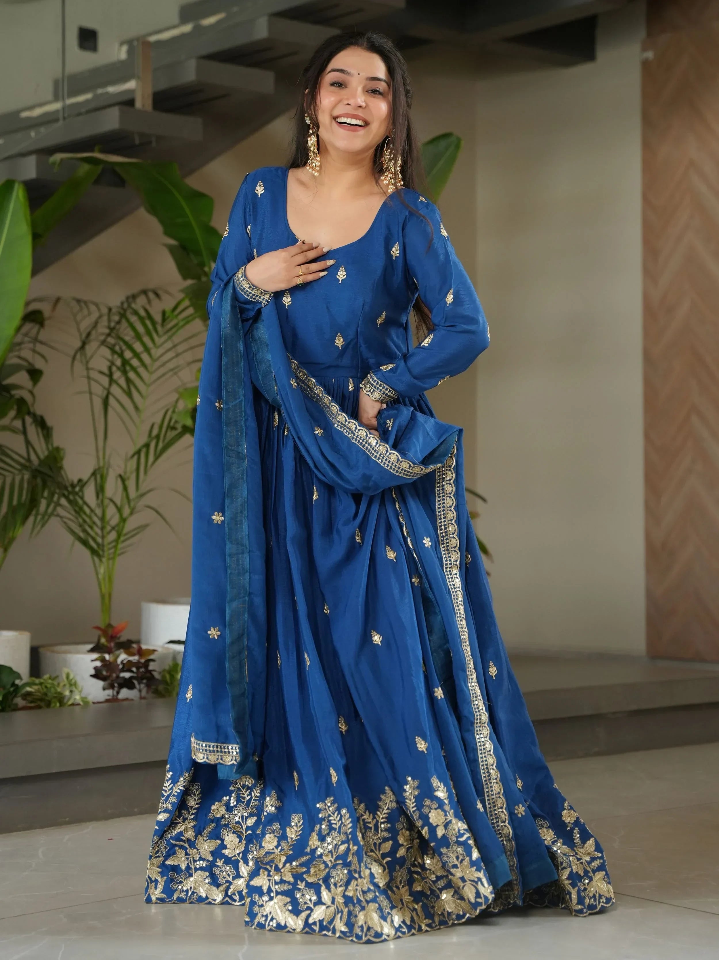 Blue Awesome Chinon Floral Embroidery Festival Wear Gown With Dupatta