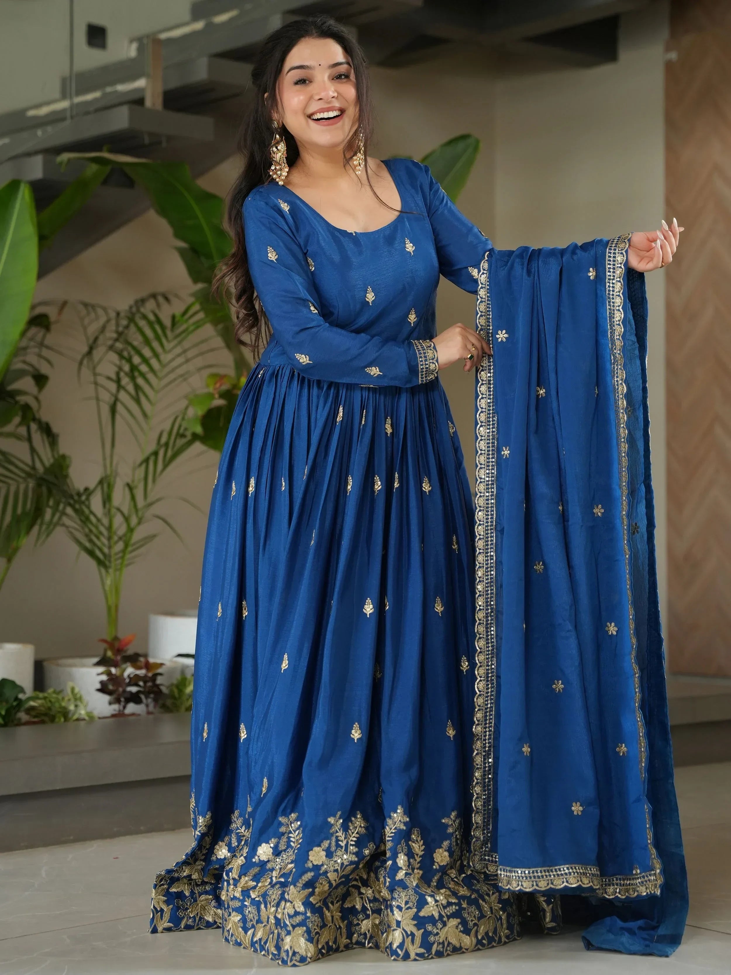 Blue Awesome Chinon Floral Embroidery Festival Wear Gown With Dupatta