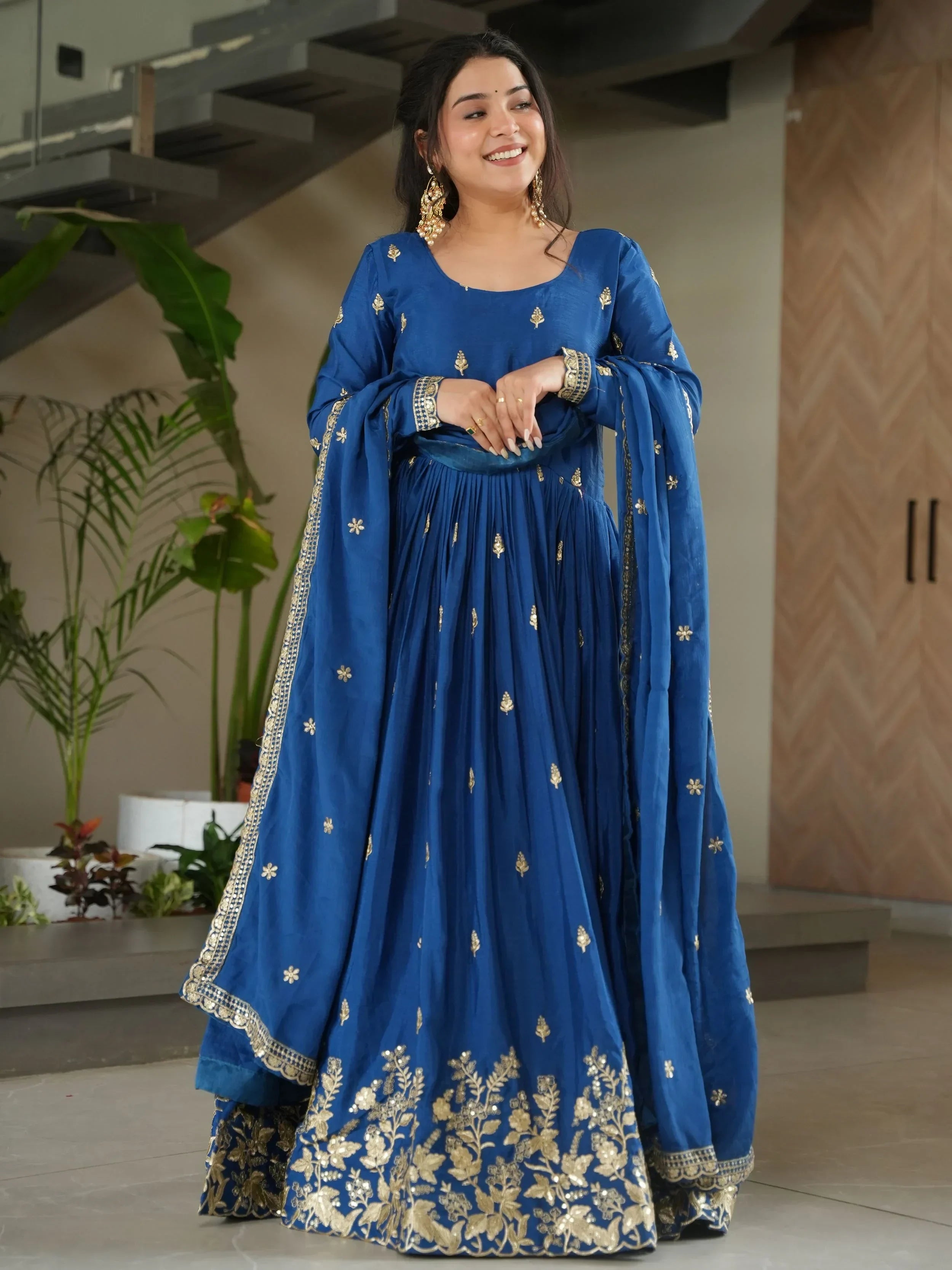 Blue Awesome Chinon Floral Embroidery Festival Wear Gown With Dupatta