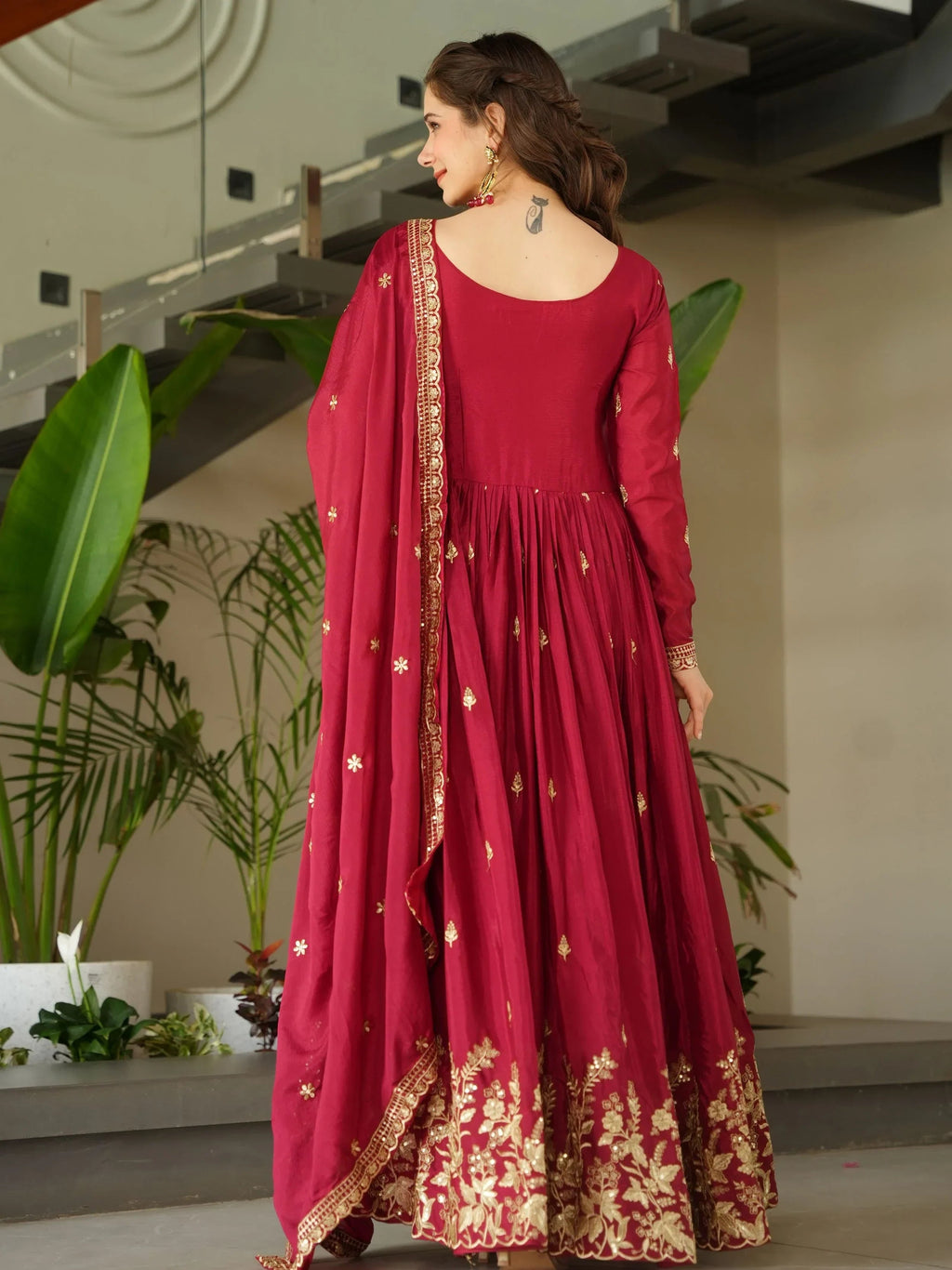 Red Awesome Chinon Floral Embroidery Festival Wear Gown With Dupatta