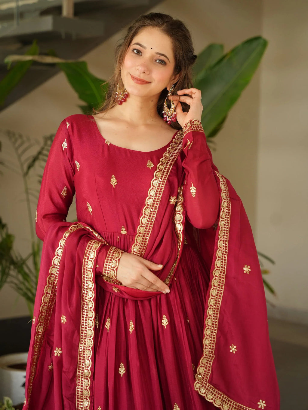 Red Awesome Chinon Floral Embroidery Festival Wear Gown With Dupatta