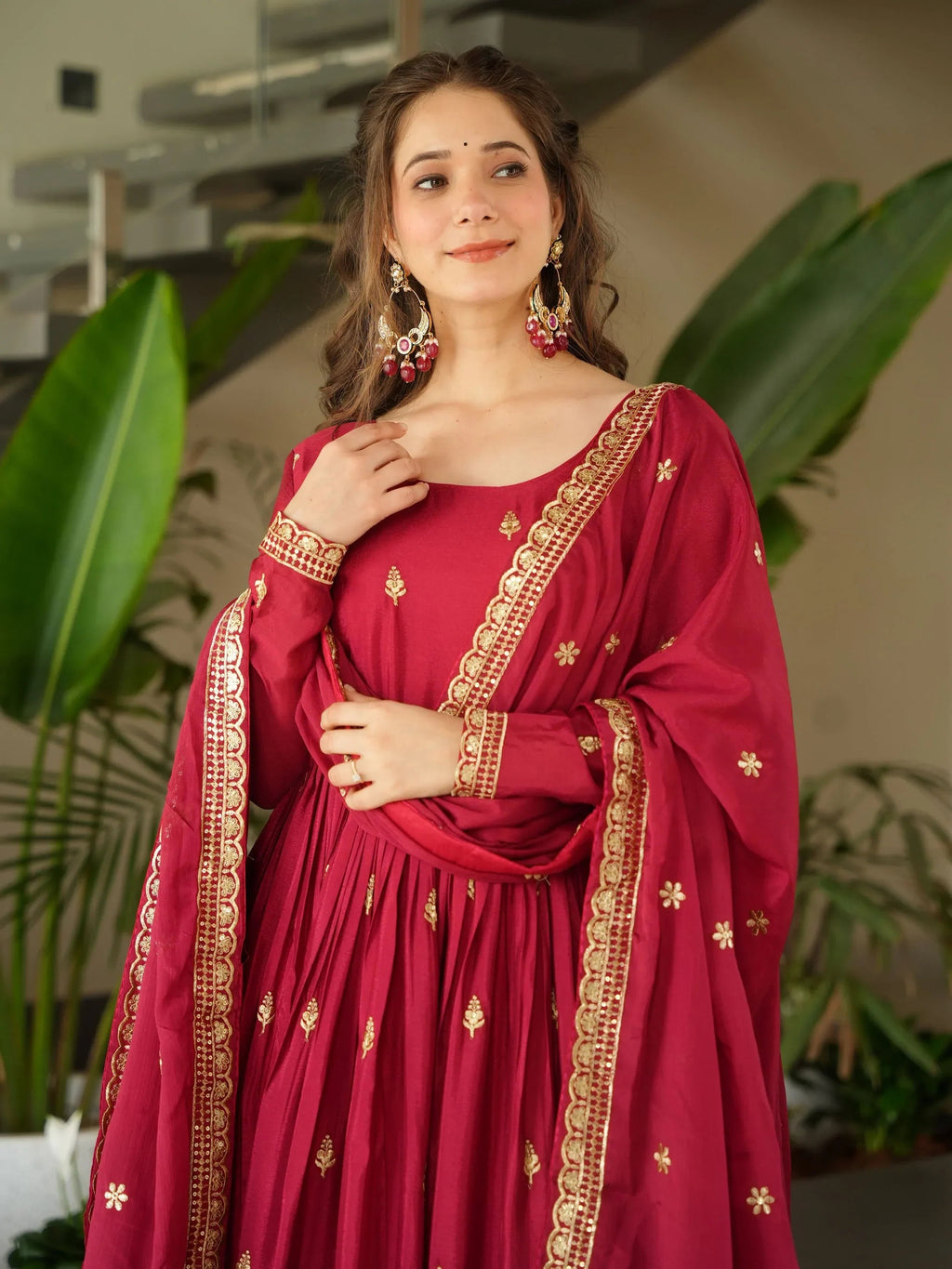Red Awesome Chinon Floral Embroidery Festival Wear Gown With Dupatta