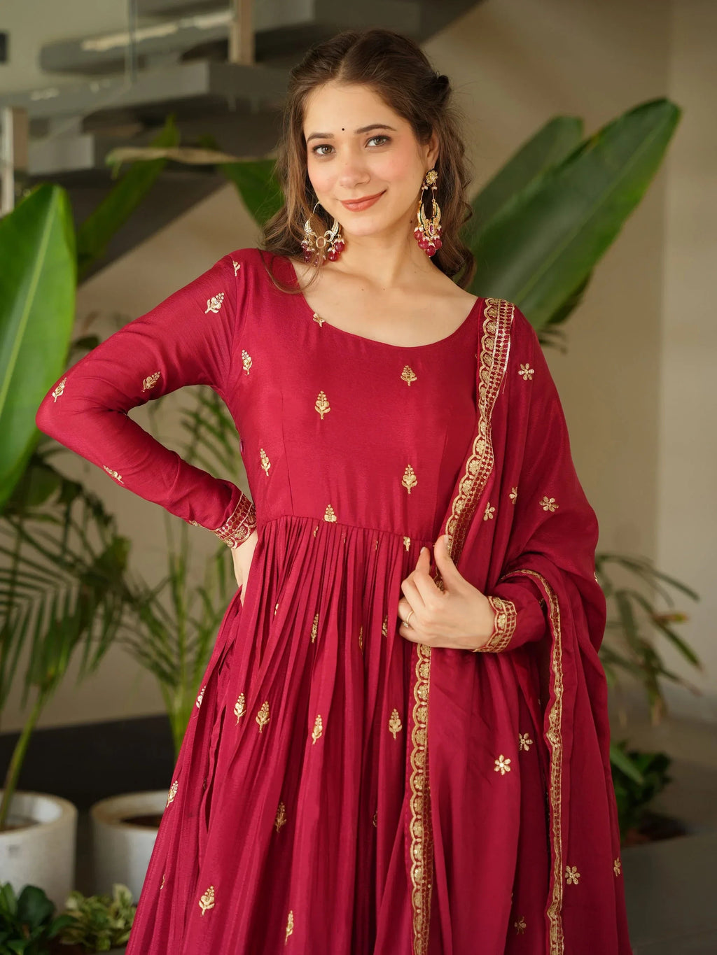 Red Awesome Chinon Floral Embroidery Festival Wear Gown With Dupatta