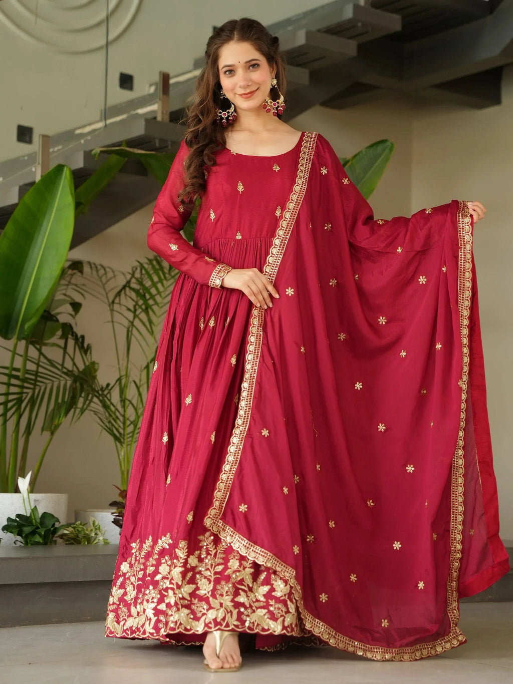 Red Awesome Chinon Floral Embroidery Festival Wear Gown With Dupatta
