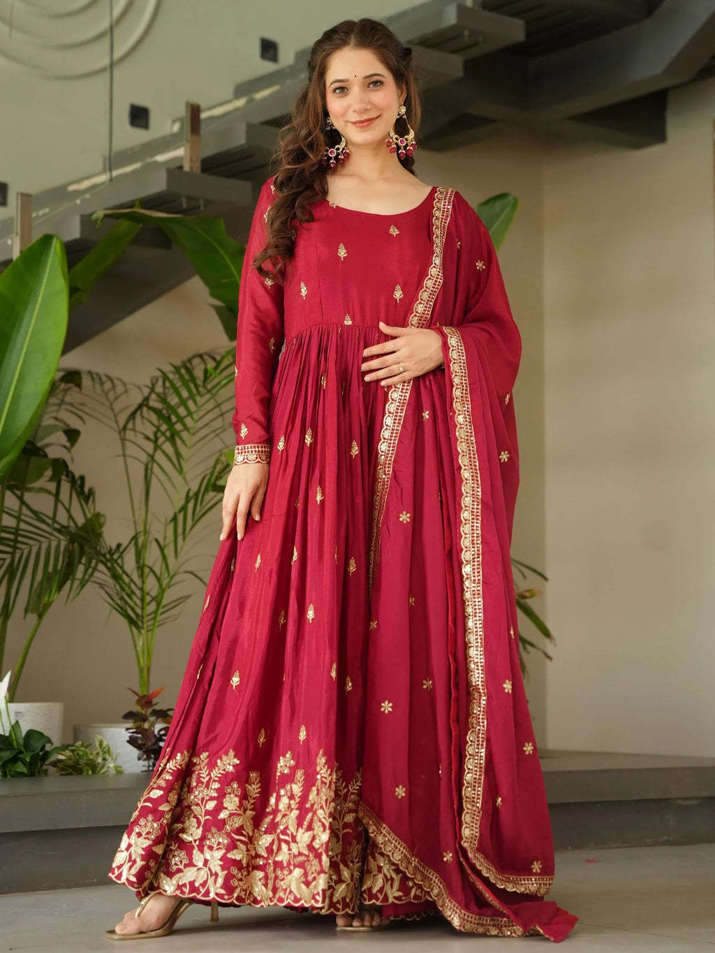Red Awesome Chinon Floral Embroidery Festival Wear Gown With Dupatta