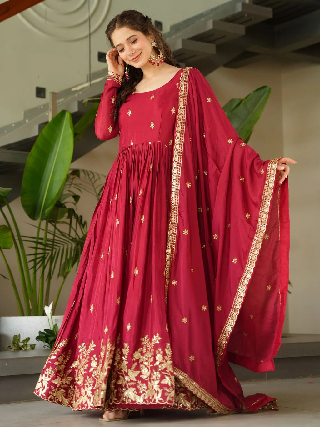 Red Awesome Chinon Floral Embroidery Festival Wear Gown With Dupatta