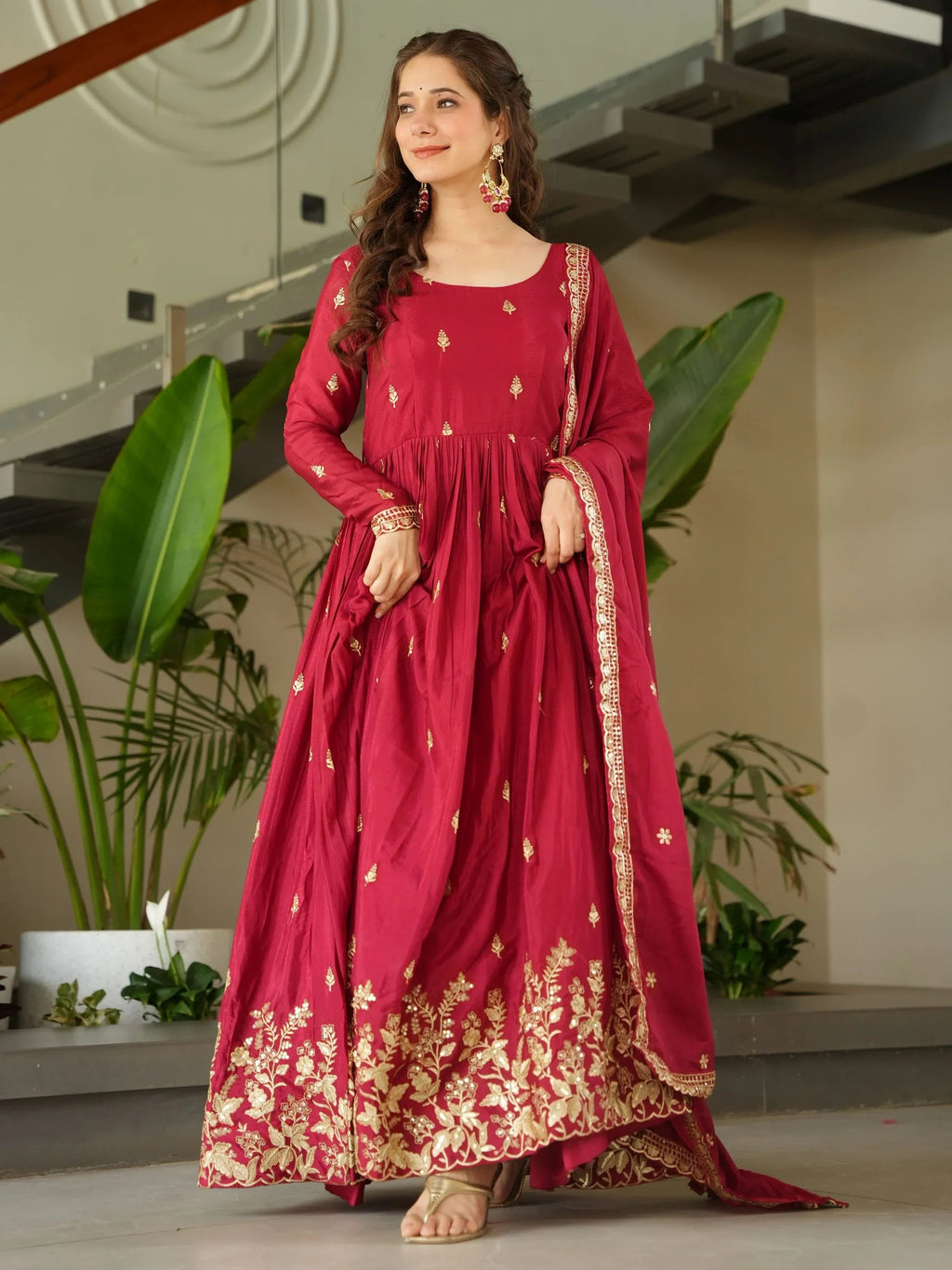 Red Awesome Chinon Floral Embroidery Festival Wear Gown With Dupatta