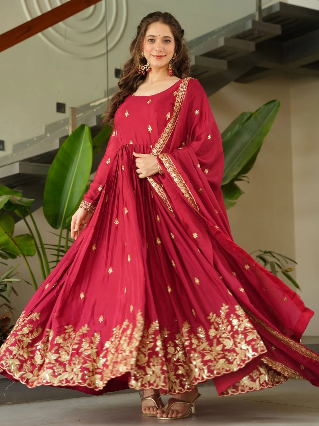 Red Awesome Chinon Floral Embroidery Festival Wear Gown With Dupatta