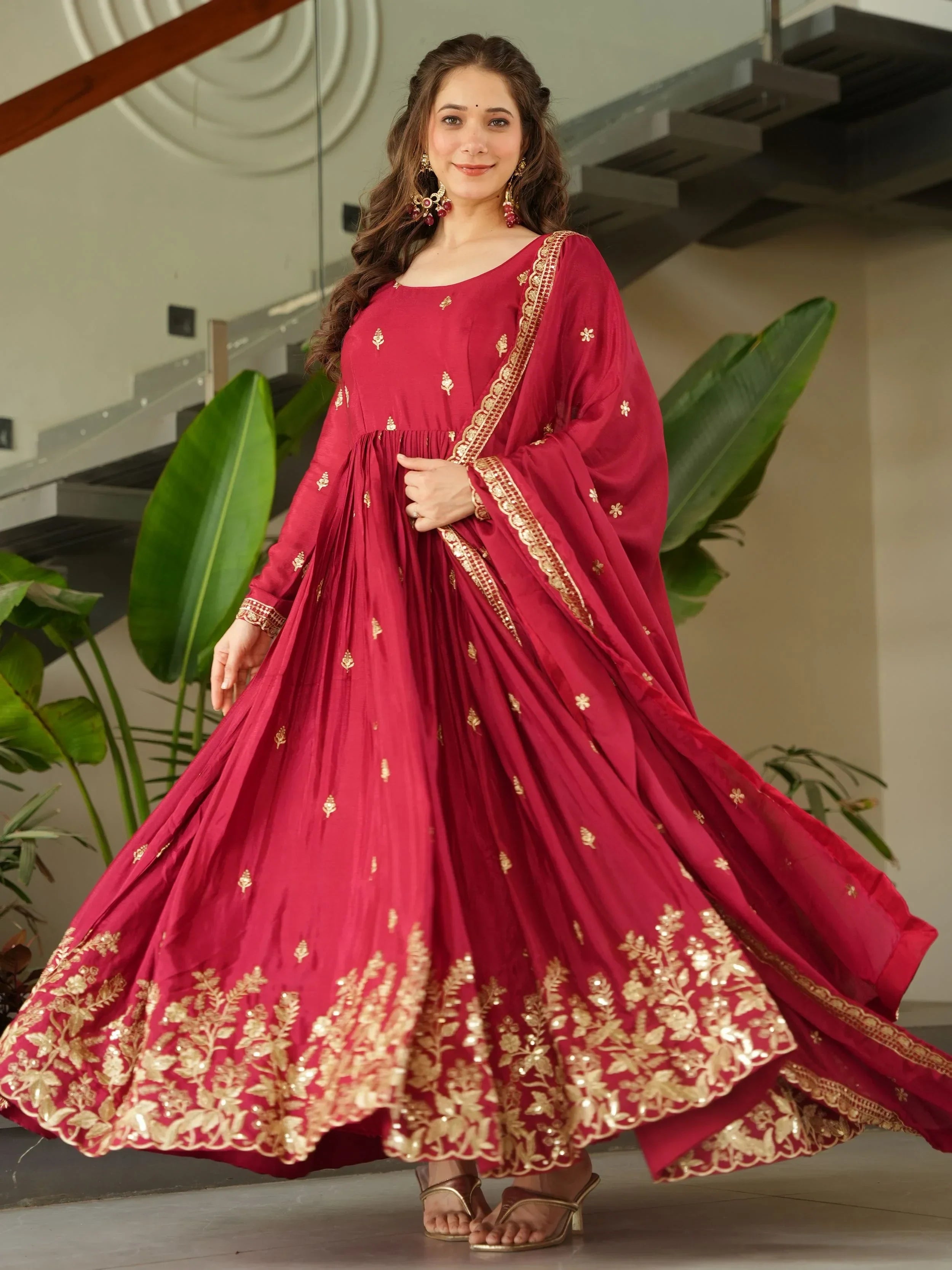 Red Awesome Chinon Floral Embroidery Festival Wear Gown With Dupatta