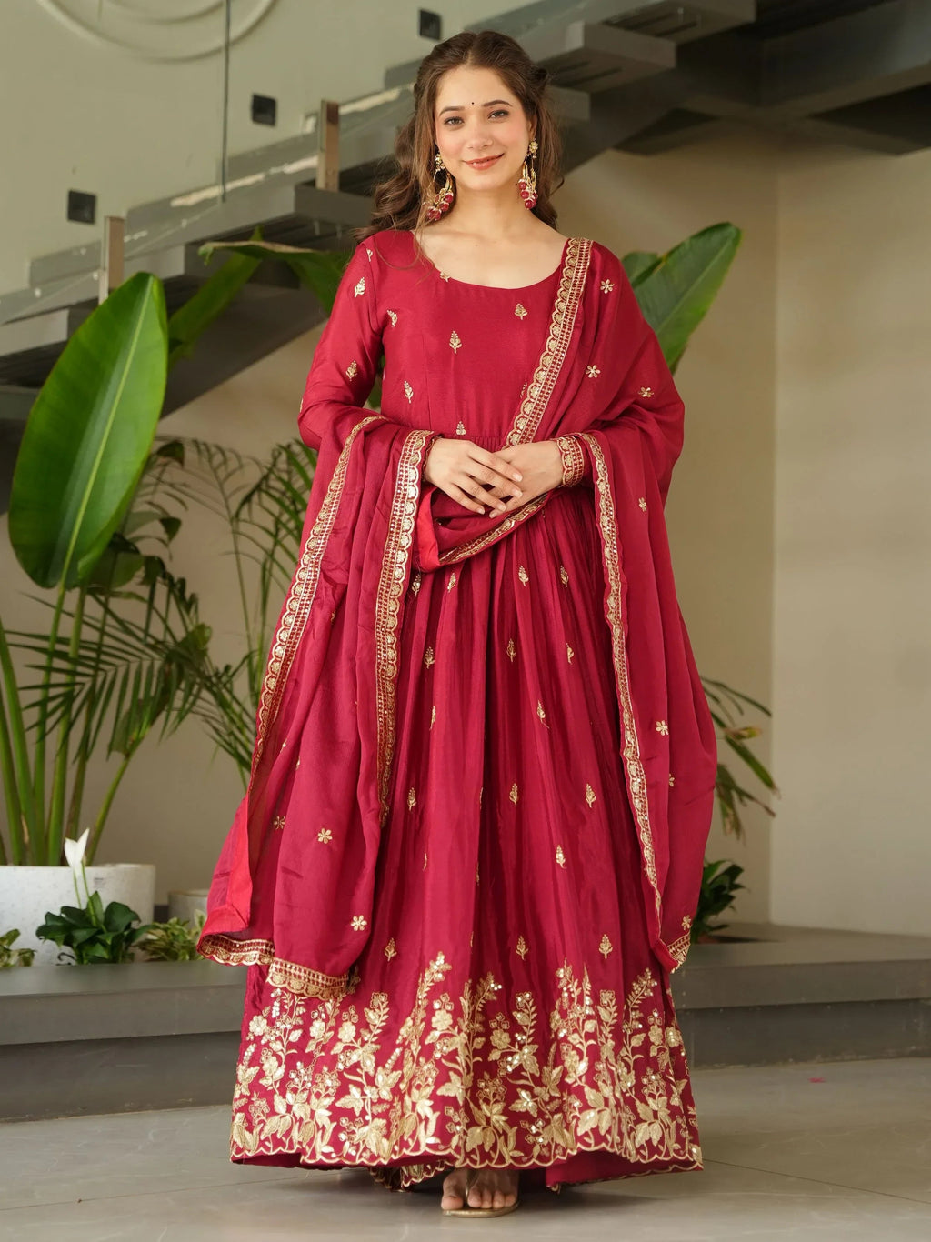 Red Awesome Chinon Floral Embroidery Festival Wear Gown With Dupatta