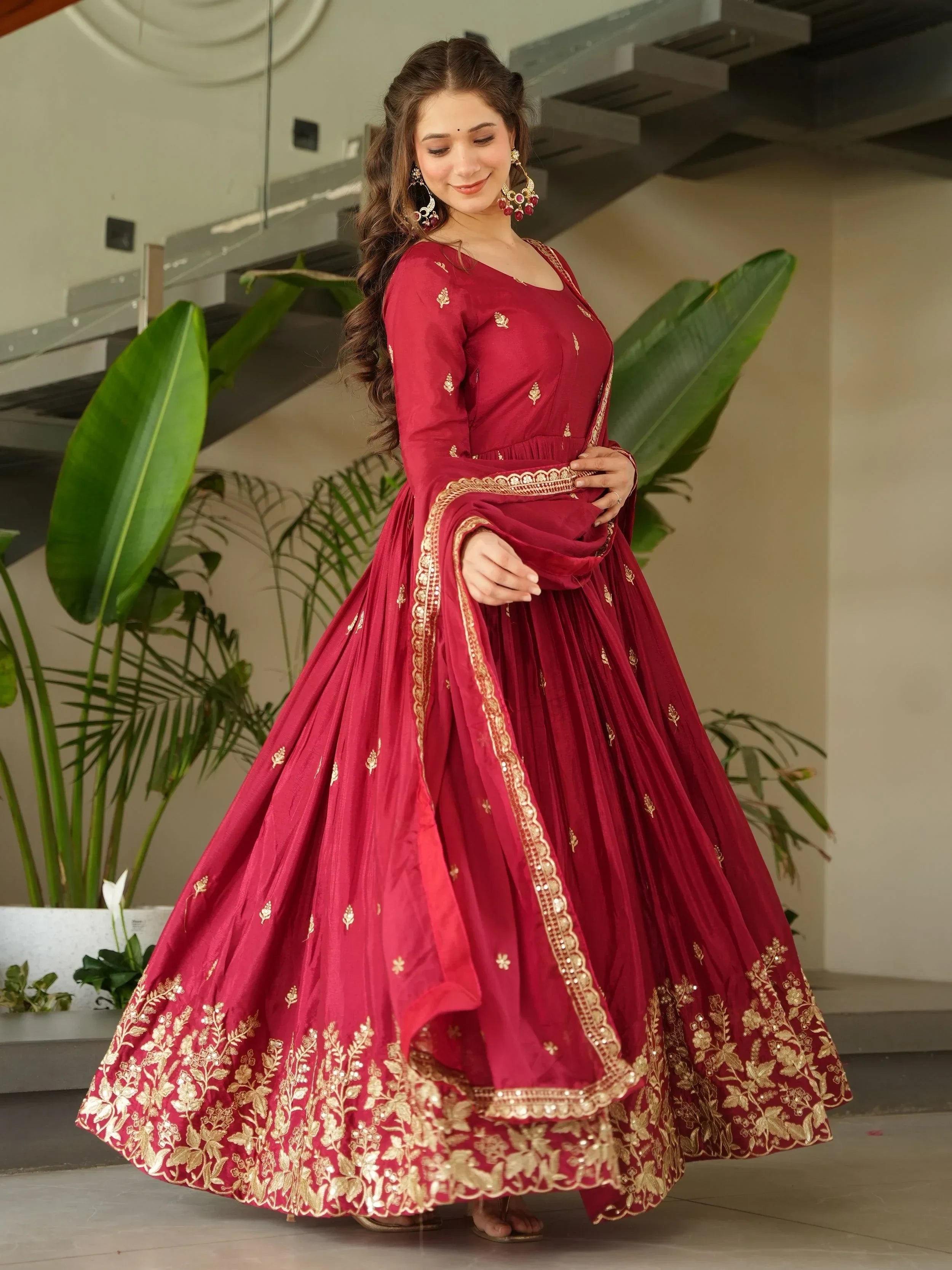 Red Awesome Chinon Floral Embroidery Festival Wear Gown With Dupatta