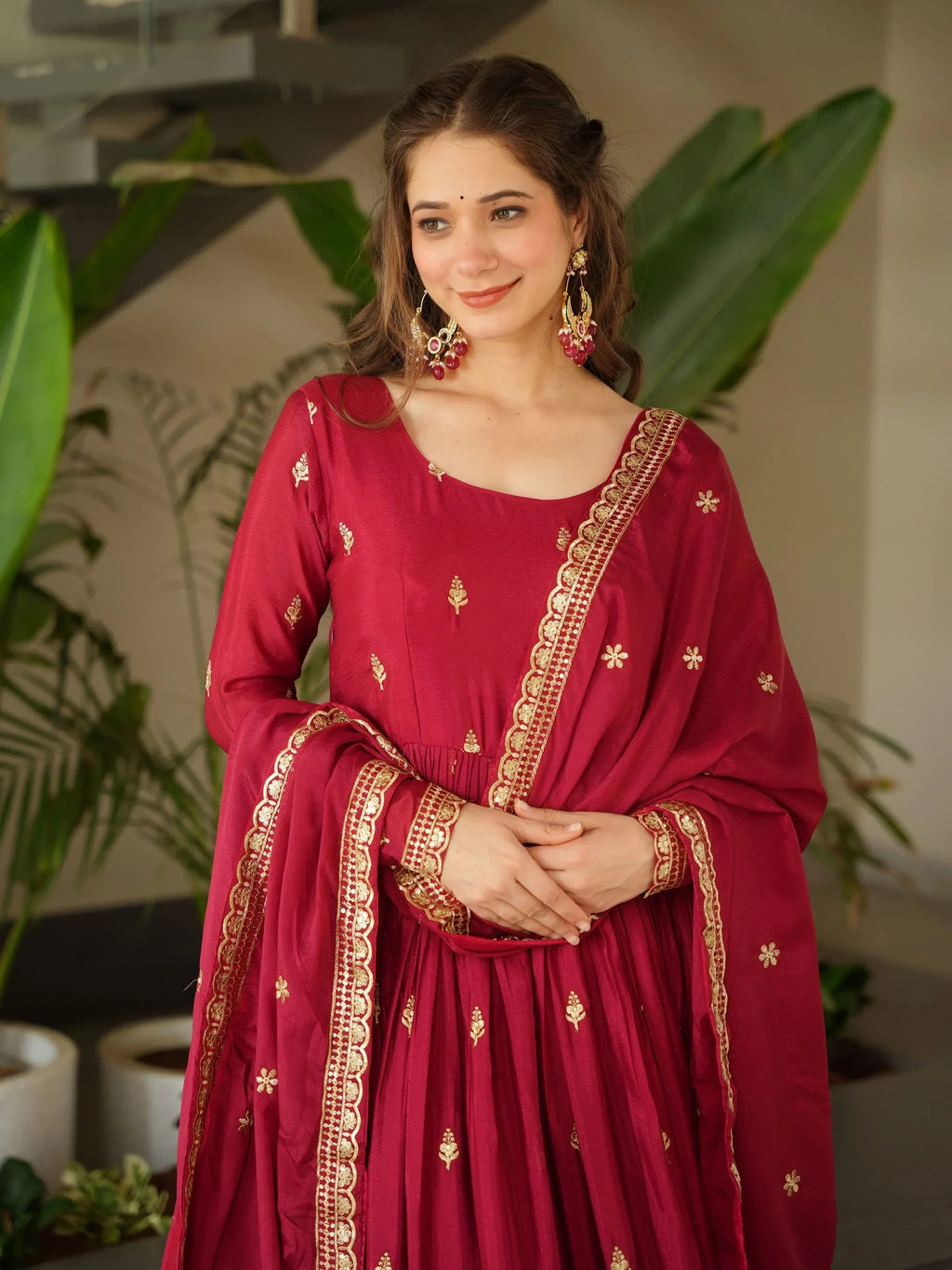 Red Awesome Chinon Floral Embroidery Festival Wear Gown With Dupatta