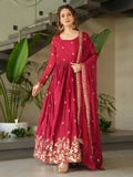 Red Awesome Chinon Floral Embroidery Festival Wear Gown With Dupatta