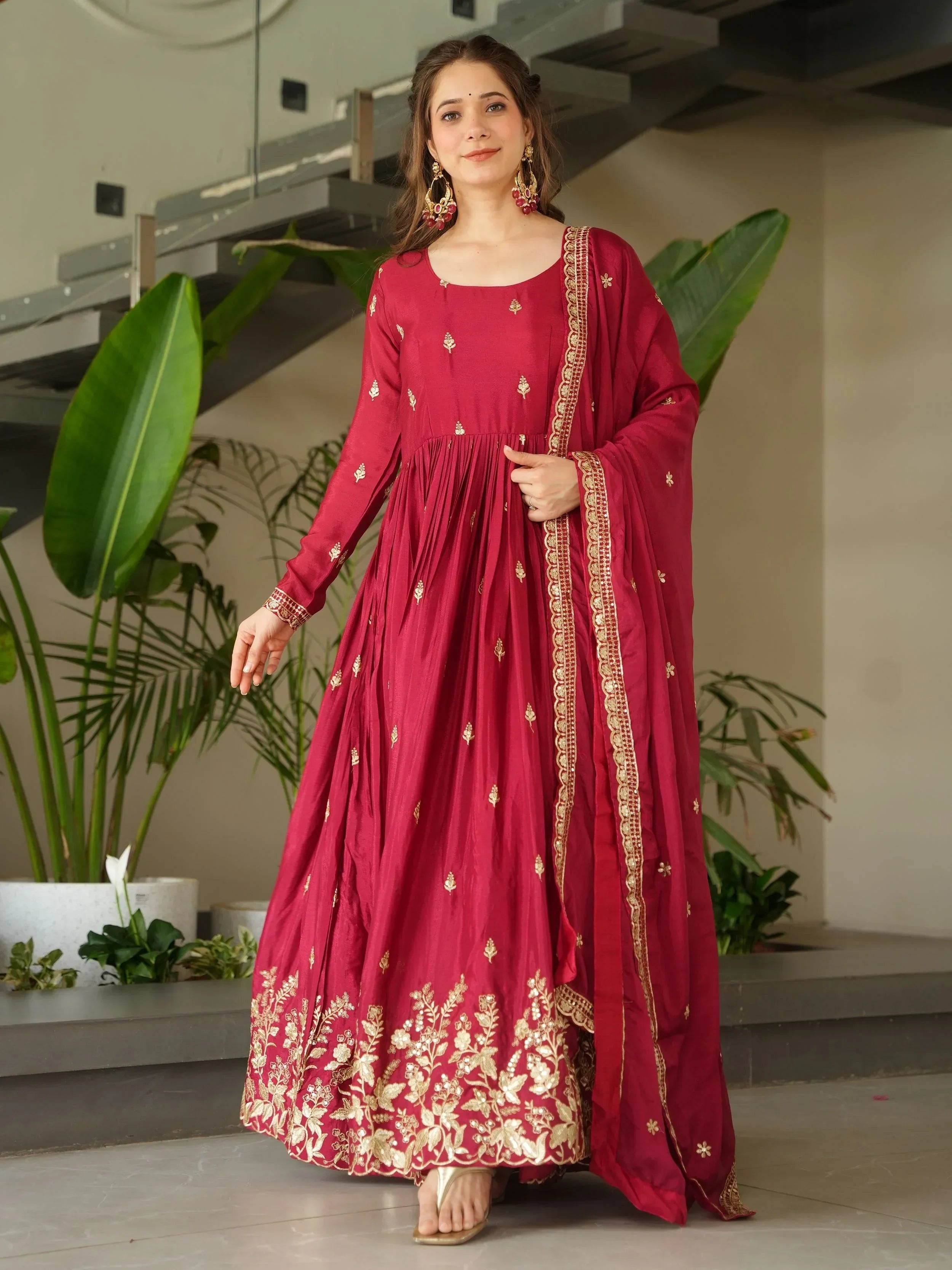 Red Awesome Chinon Floral Embroidery Festival Wear Gown With Dupatta