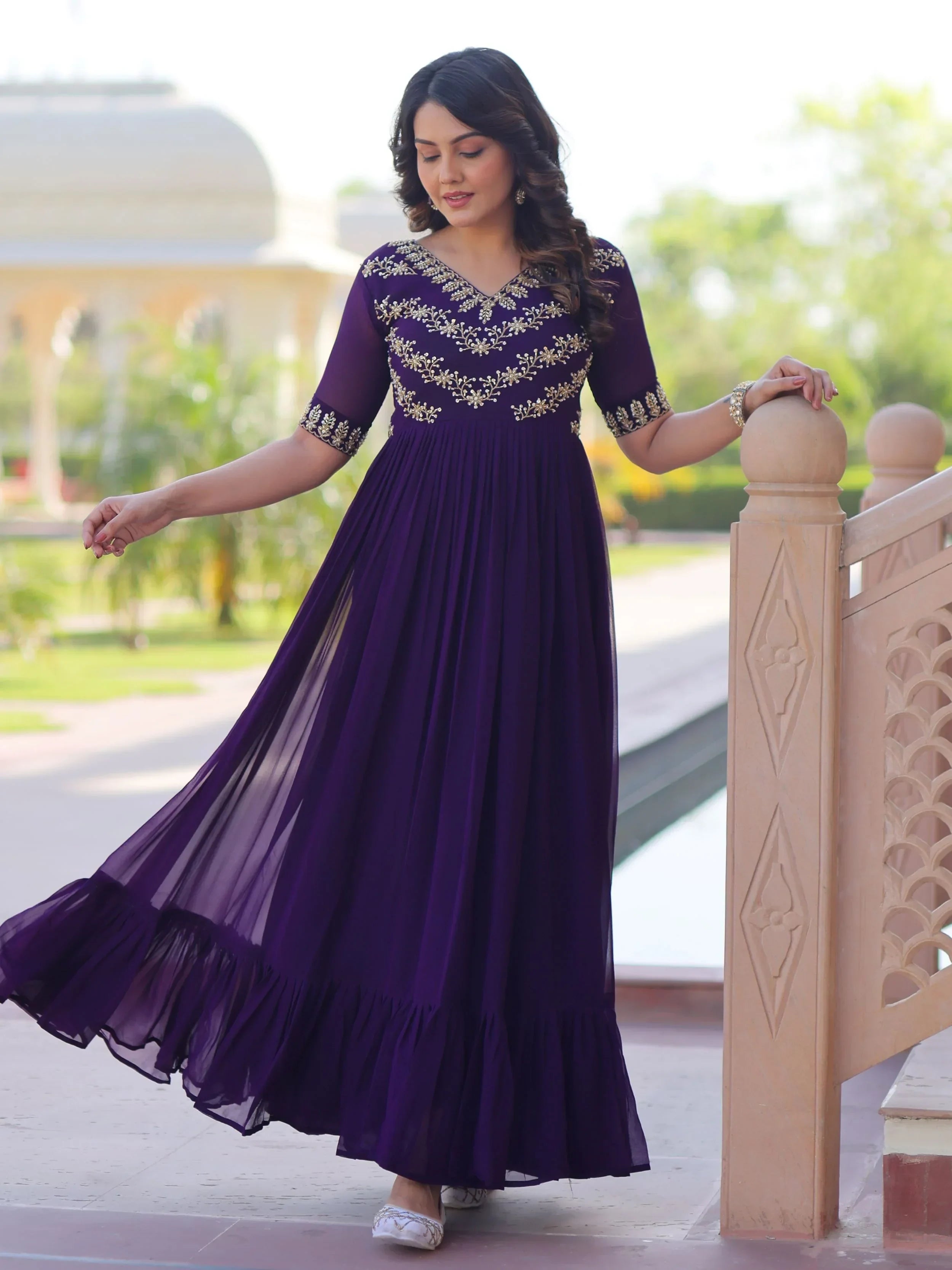 Purple Pretty Georgette Beads Work Festival Wear Gown