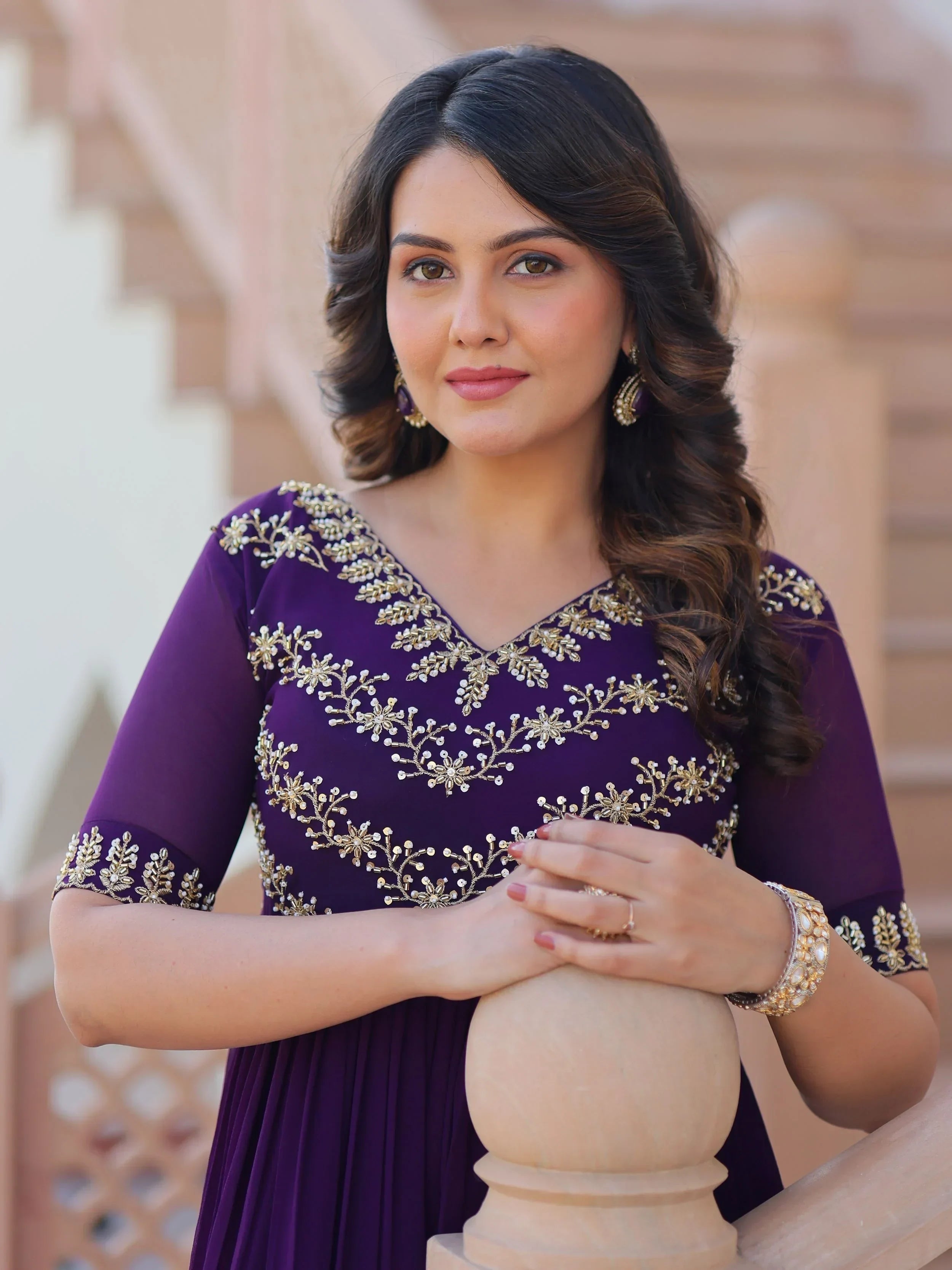 Purple Pretty Georgette Beads Work Festival Wear Gown