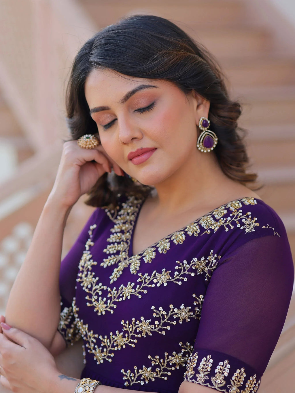 Purple Pretty Georgette Beads Work Festival Wear Gown