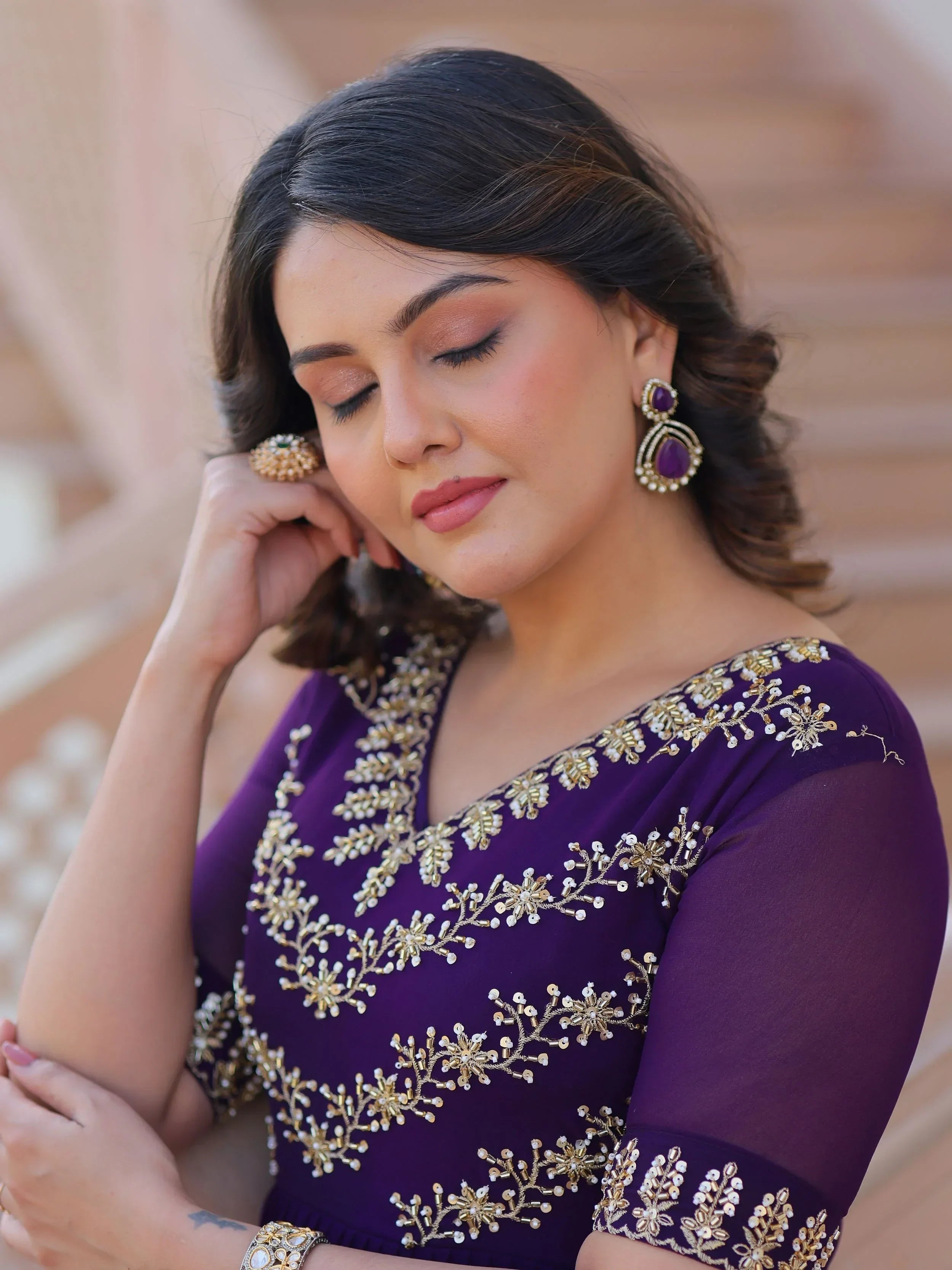 Purple Pretty Georgette Beads Work Festival Wear Gown