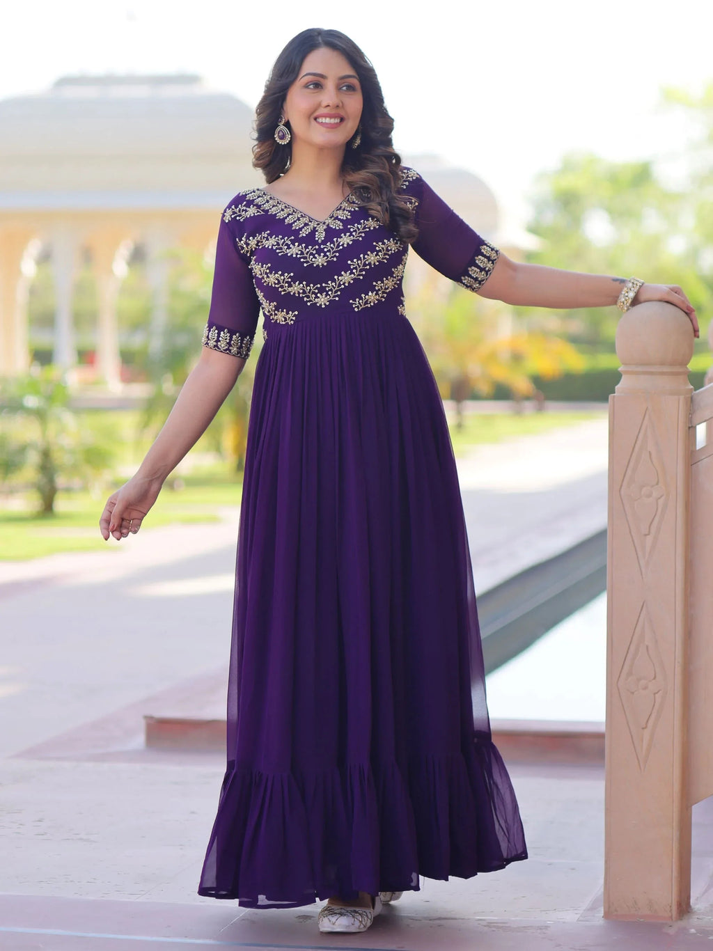 Purple Pretty Georgette Beads Work Festival Wear Gown