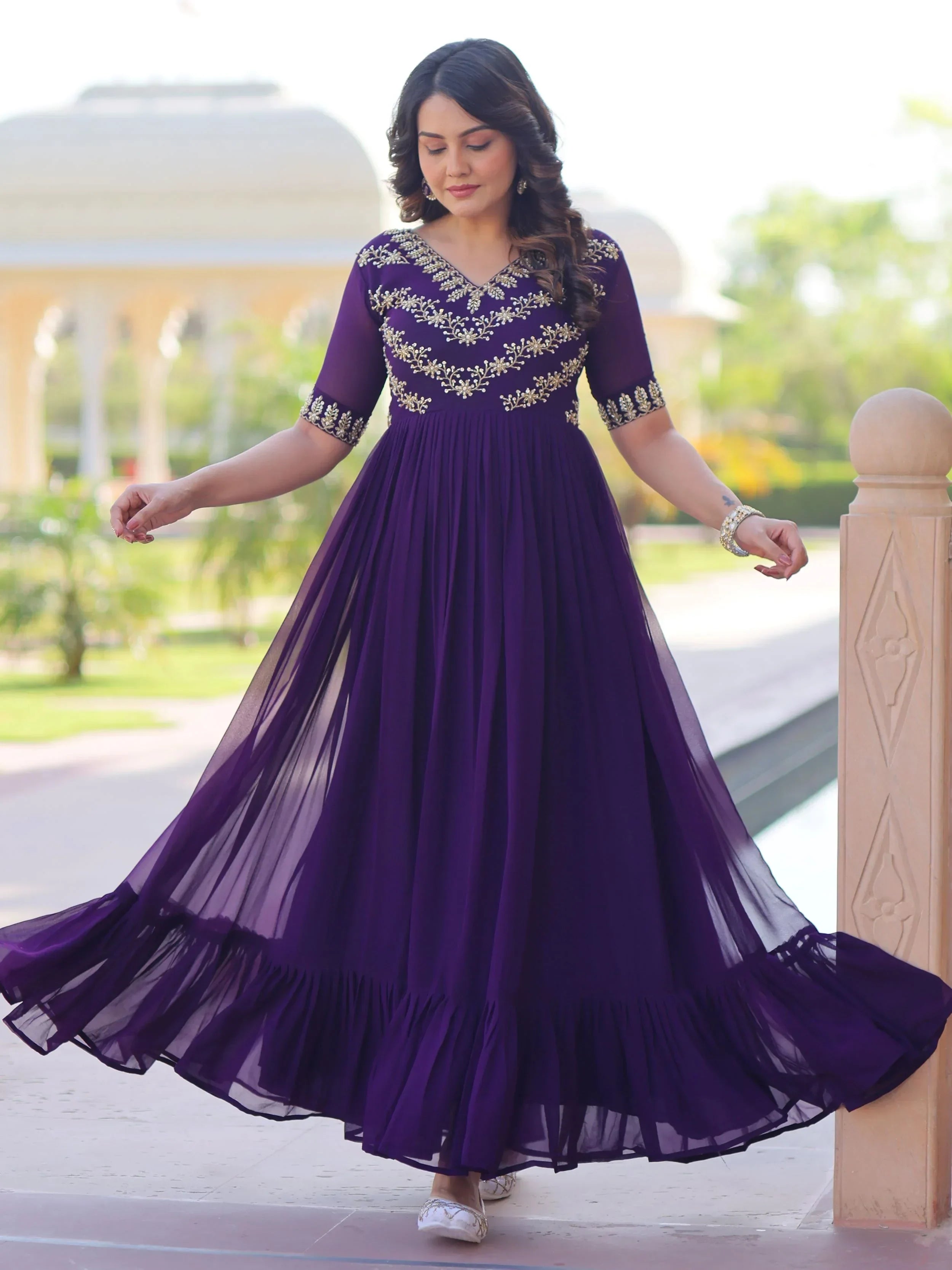Purple Pretty Georgette Beads Work Festival Wear Gown