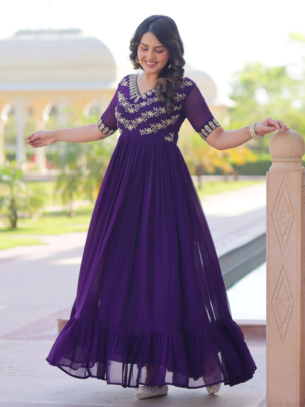 Purple Pretty Georgette Beads Work Festival Wear Gown