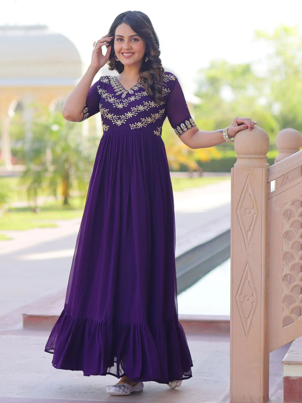 Purple Pretty Georgette Beads Work Festival Wear Gown