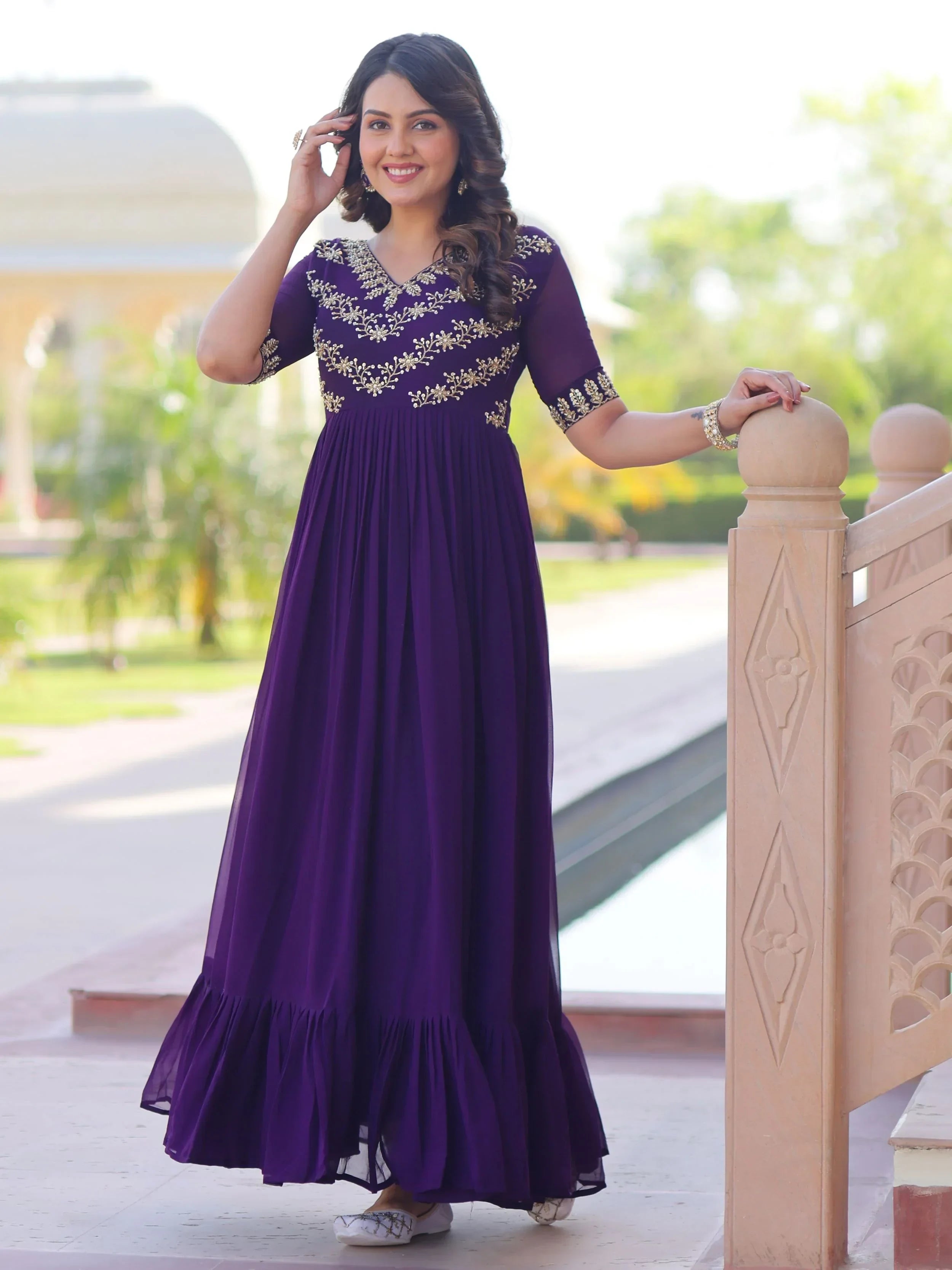 Purple Pretty Georgette Beads Work Festival Wear Gown