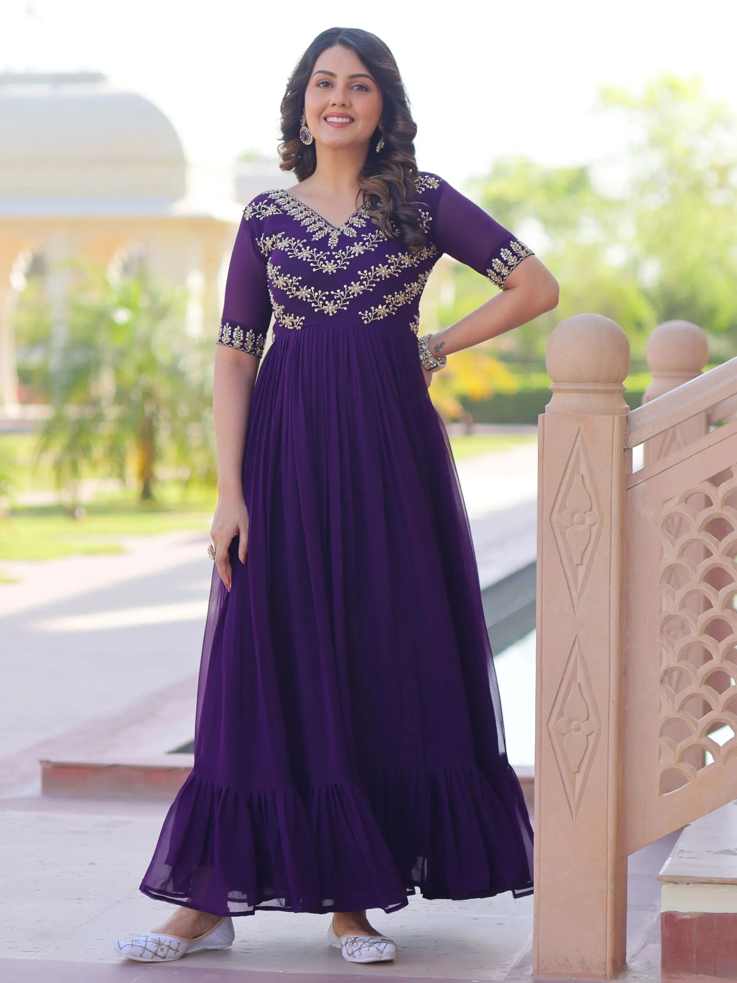 Purple Pretty Georgette Beads Work Festival Wear Gown