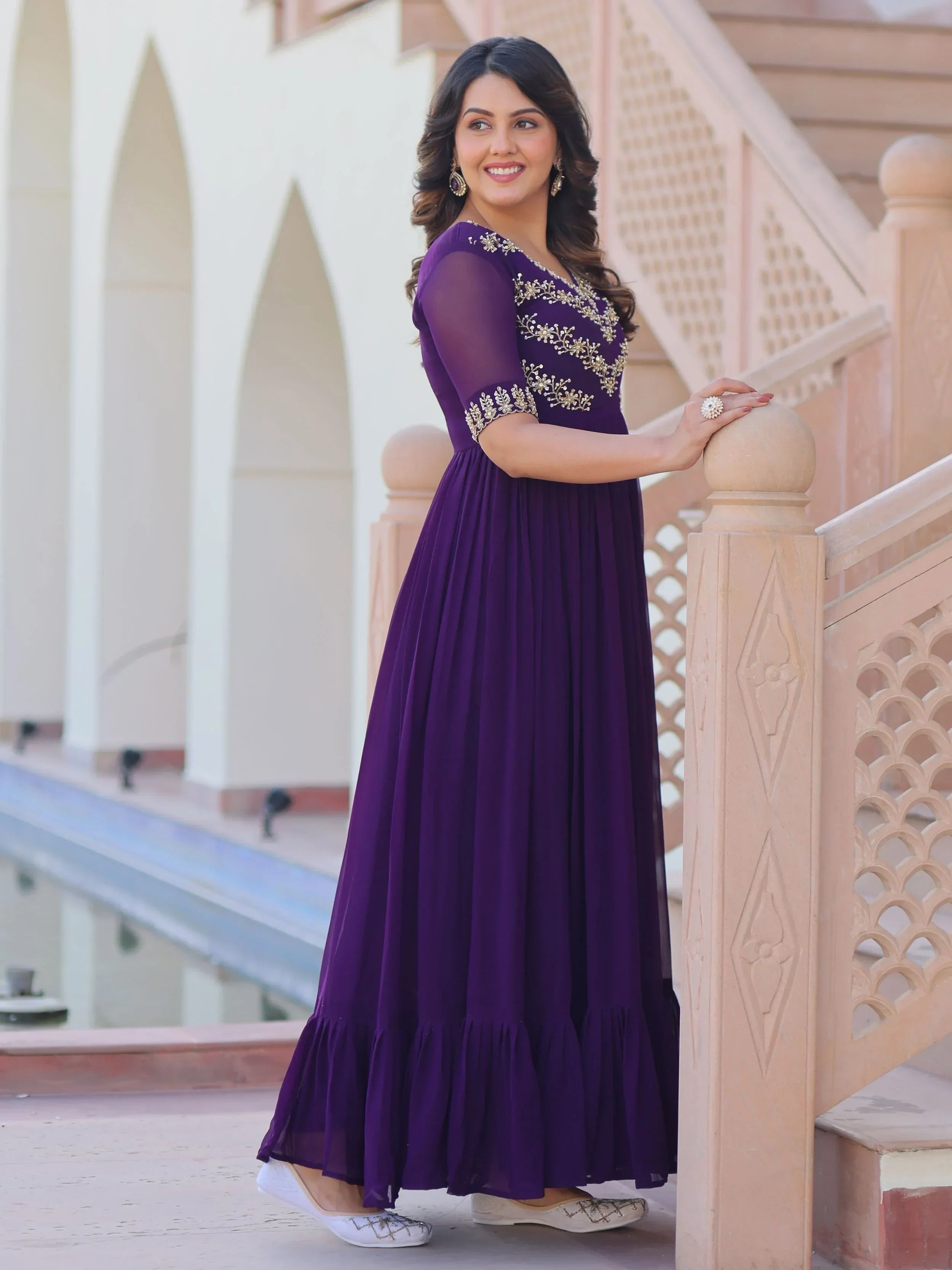 Purple Pretty Georgette Beads Work Festival Wear Gown