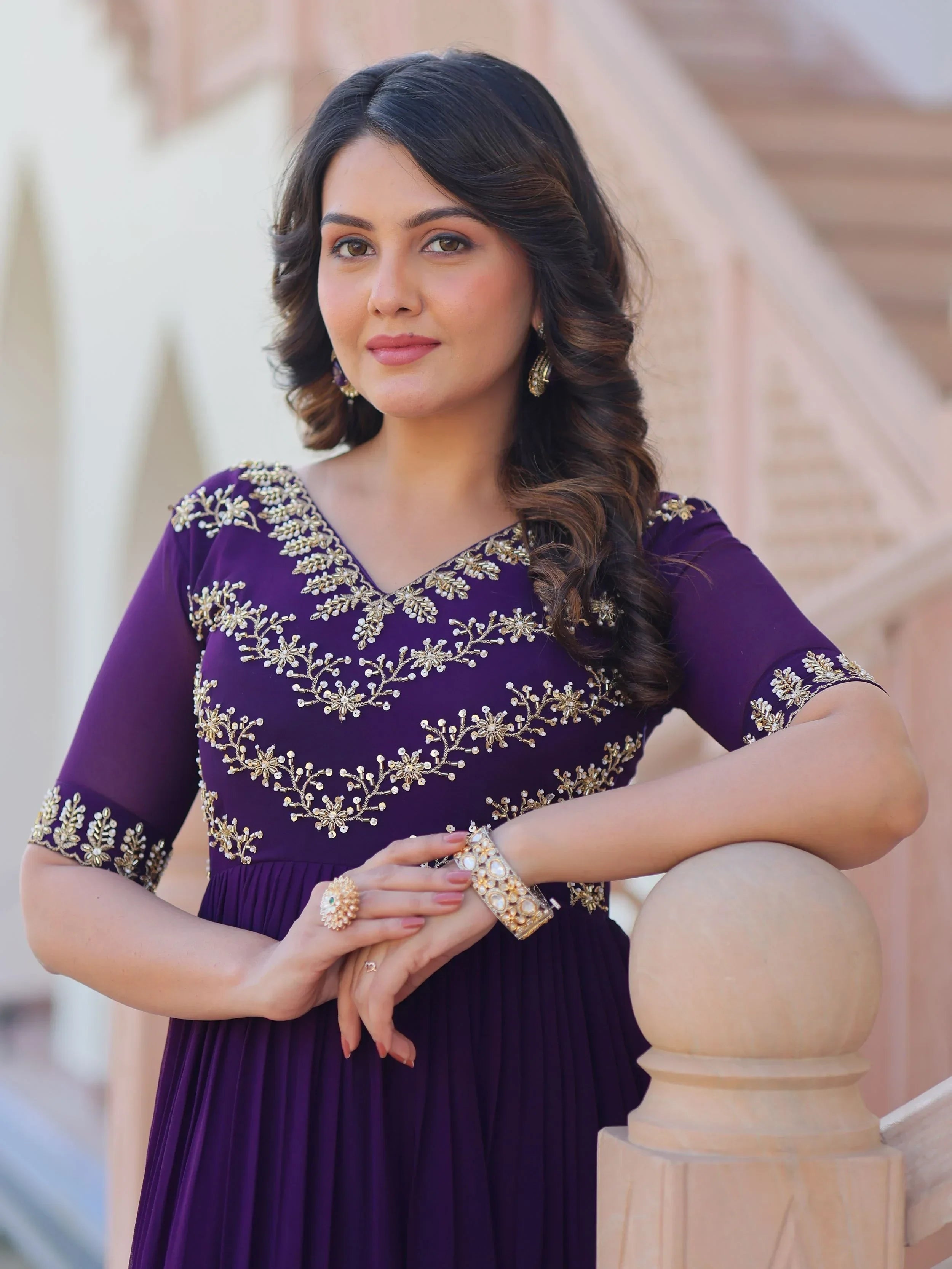 Purple Pretty Georgette Beads Work Festival Wear Gown
