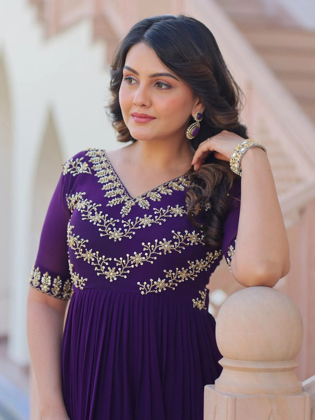 Purple Pretty Georgette Beads Work Festival Wear Gown